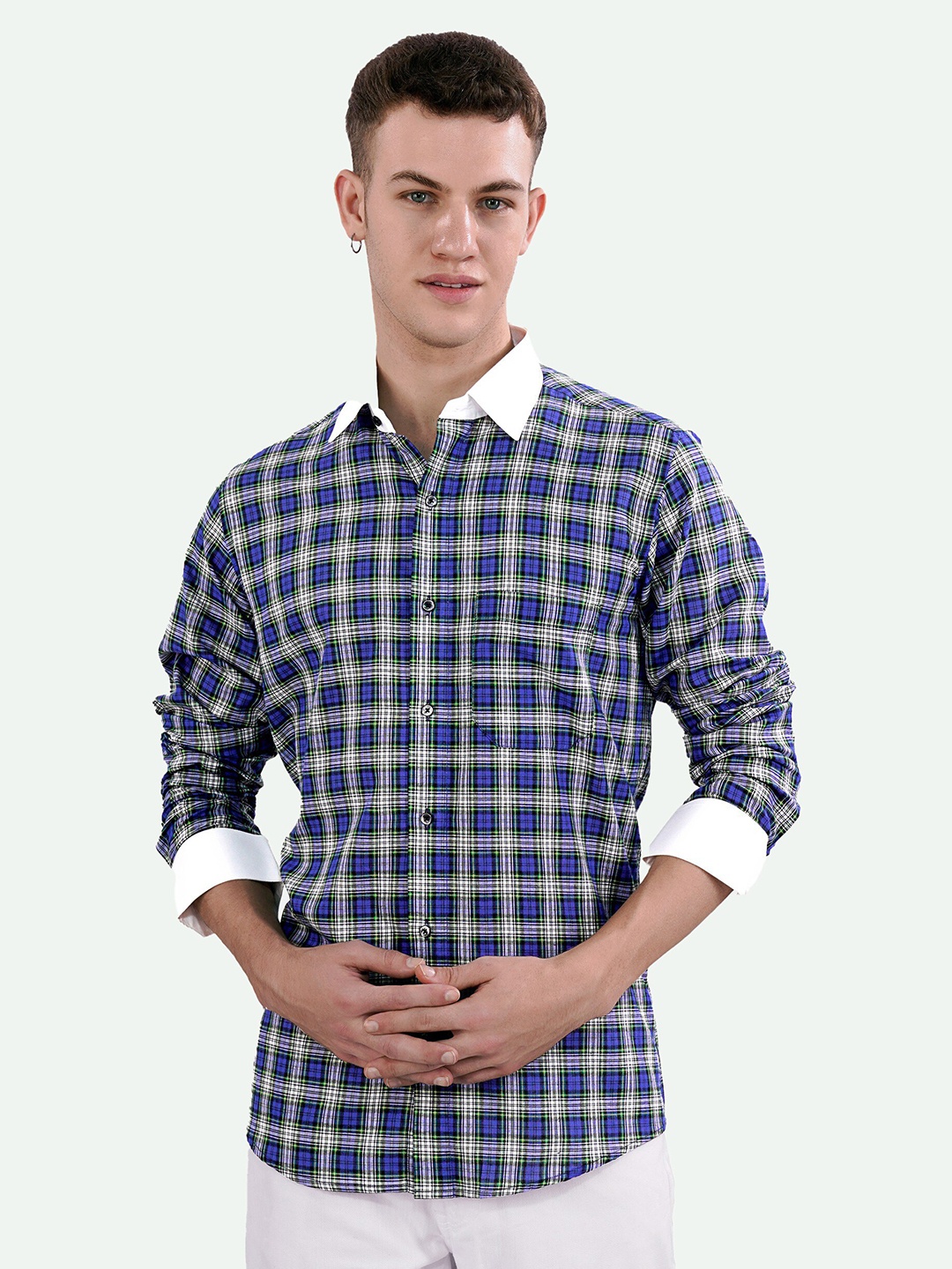 

FRENCH CROWN Standard Tartan Checked Cotton Casual Shirt, Blue