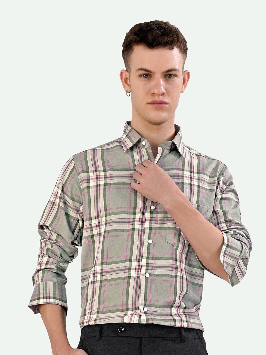 

FRENCH CROWN Standard Tartan Checked Spread Collar Cotton Twill Casual Shirt, Green