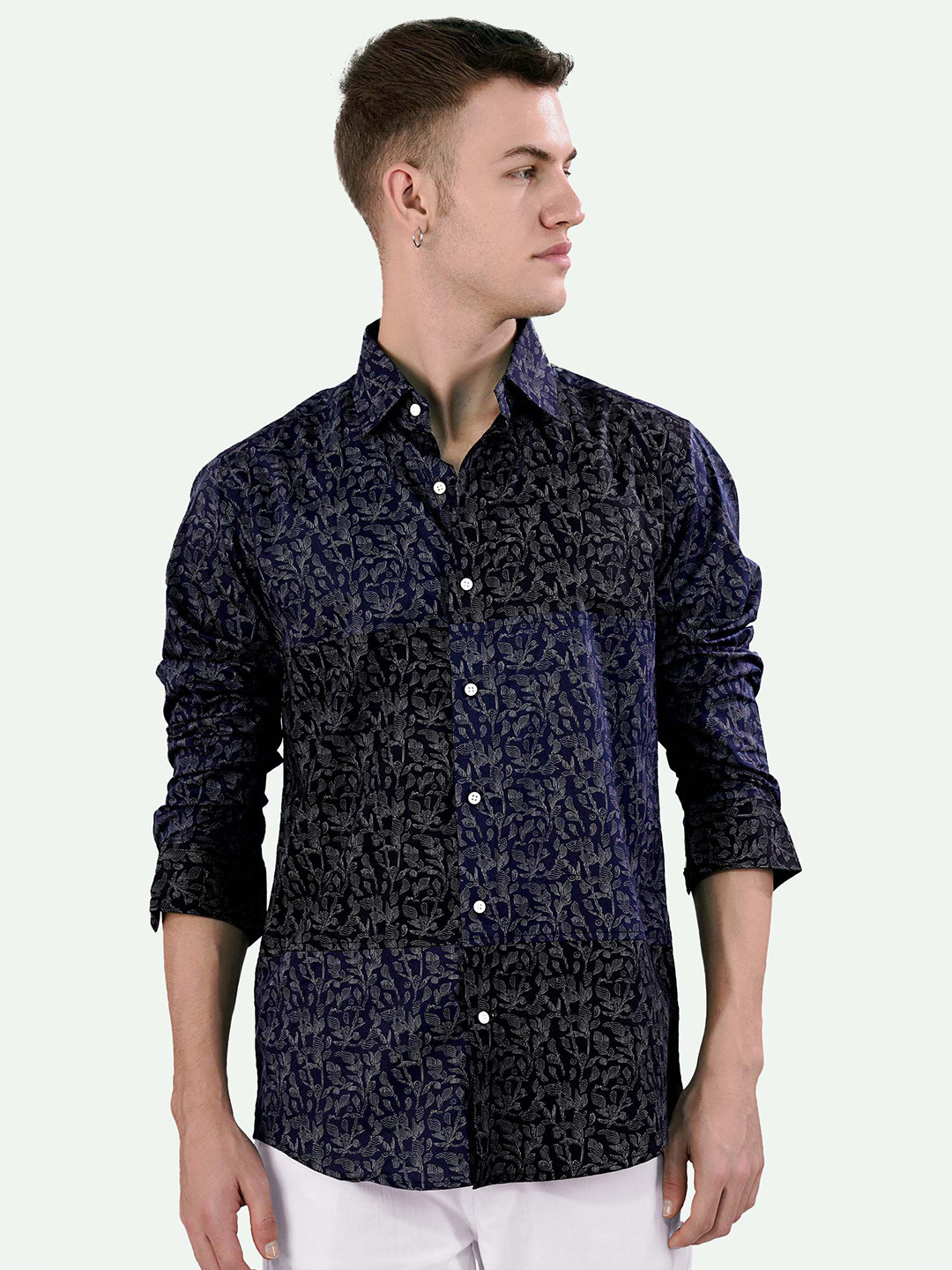 

FRENCH CROWN Standard Floral Printed Spread Collar Cotton Casual Shirt, Blue
