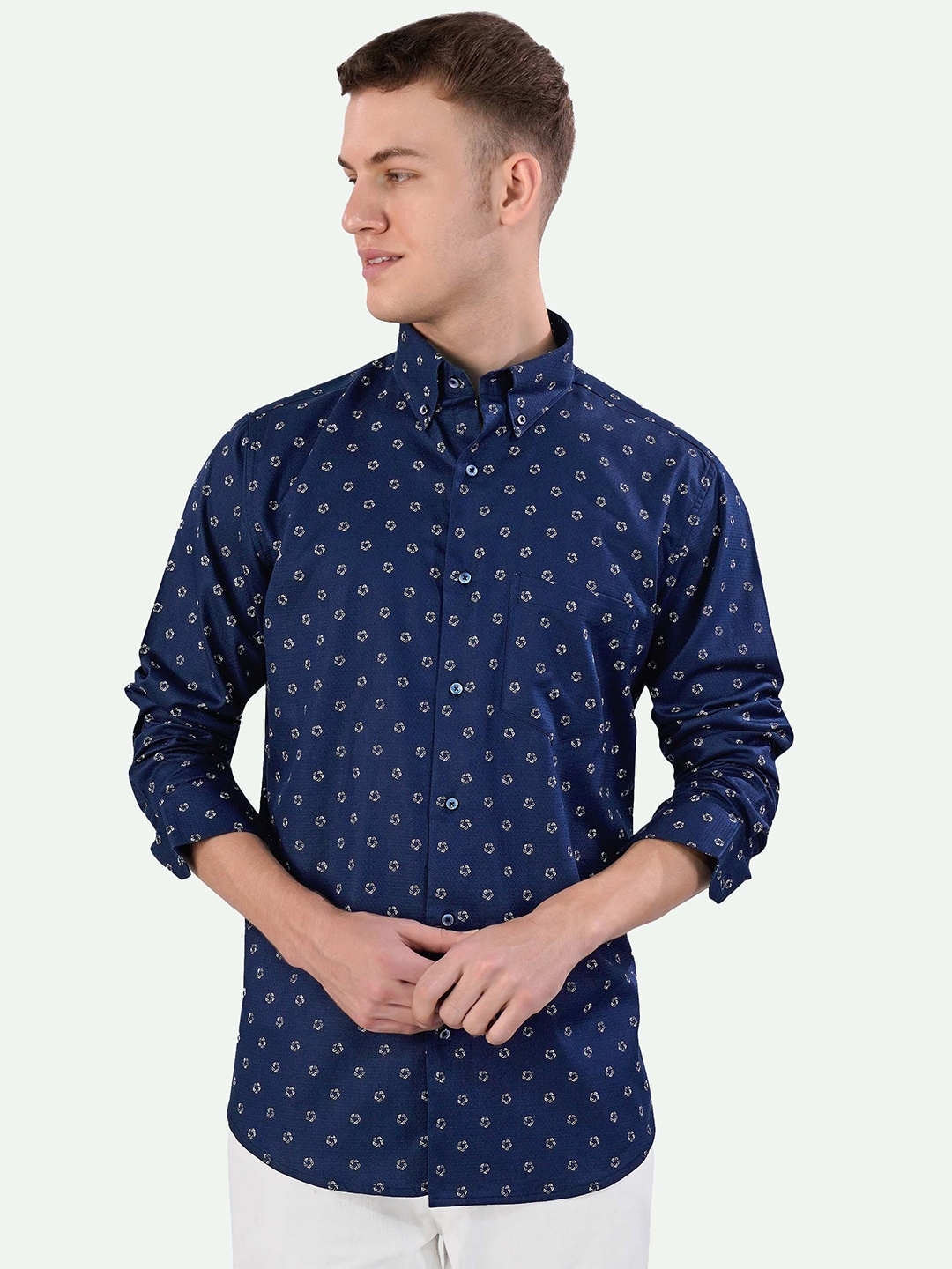 

FRENCH CROWN Standard Geometric Printed Button-Down Collar Cotton Casual Shirt, Blue