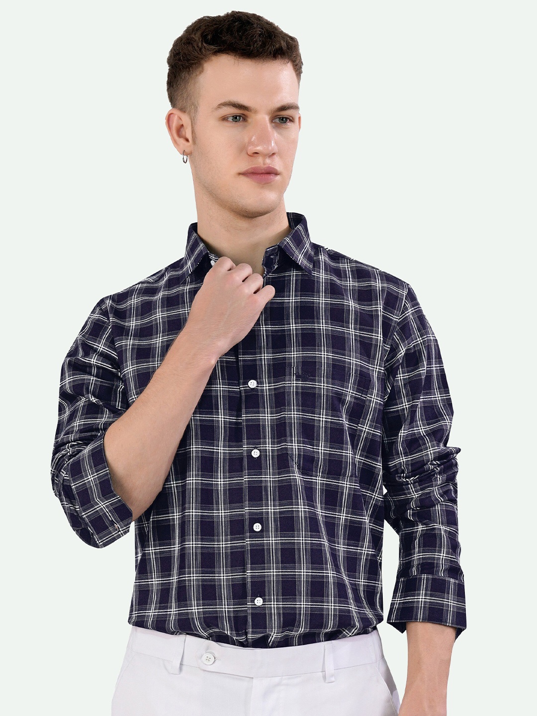 

FRENCH CROWN Standard Tartan Checked Opaque Cotton Casual Shirt, Navy blue