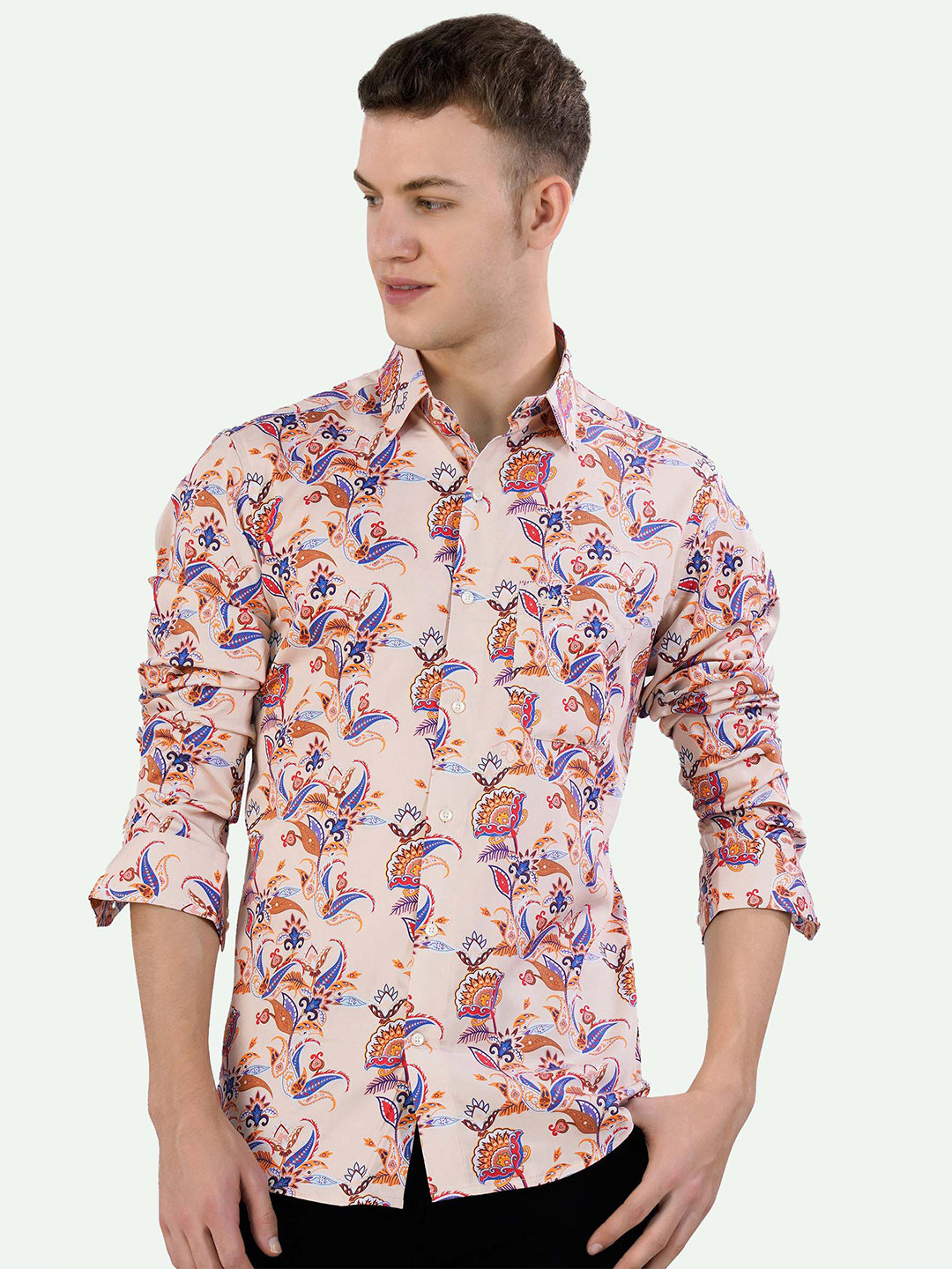 

FRENCH CROWN Ethnic Motifs Printed Standard Cotton Casual Shirt, Beige