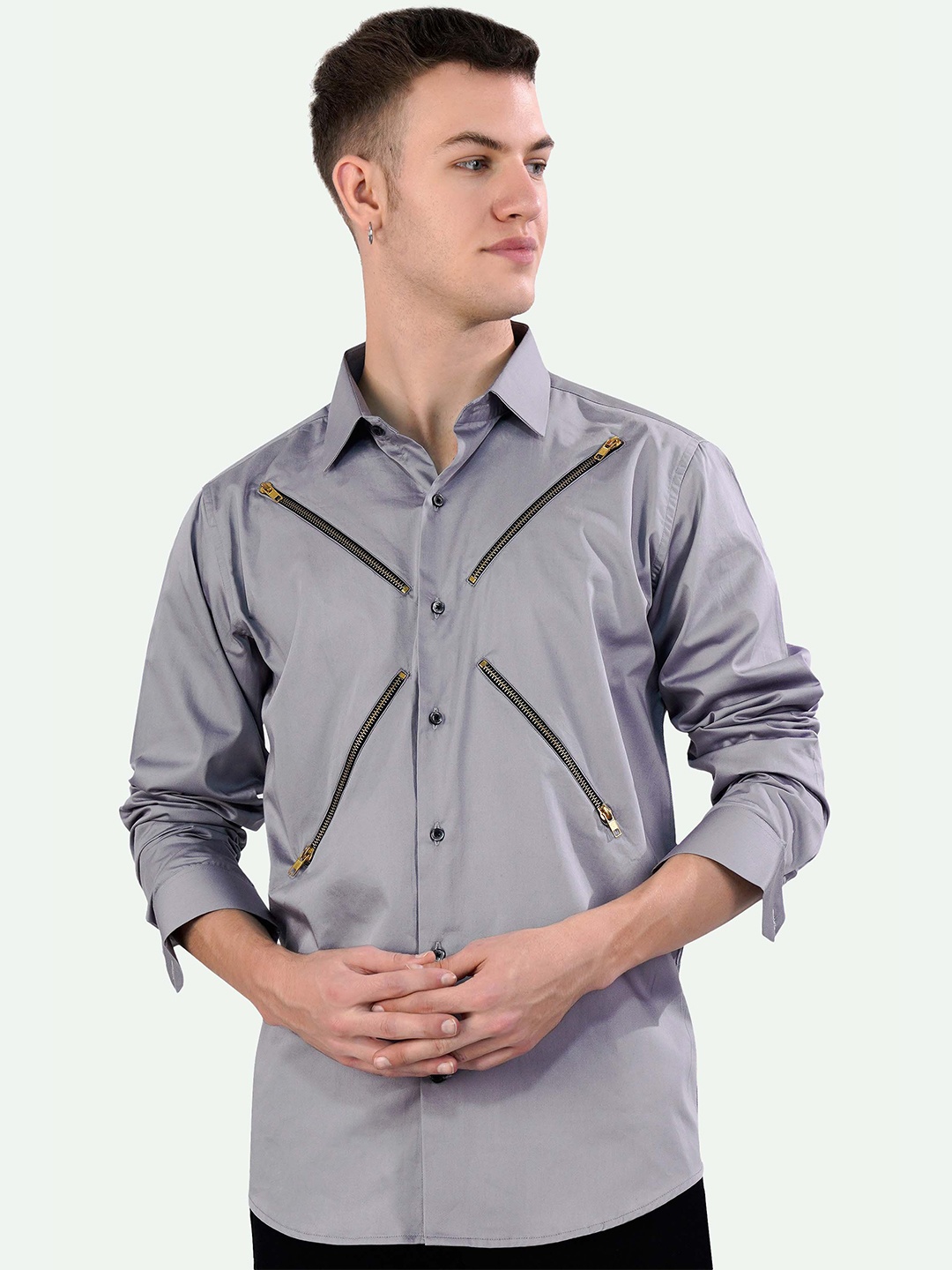 

FRENCH CROWN Standard Zip Detials Cotton Casual Shirt, Grey