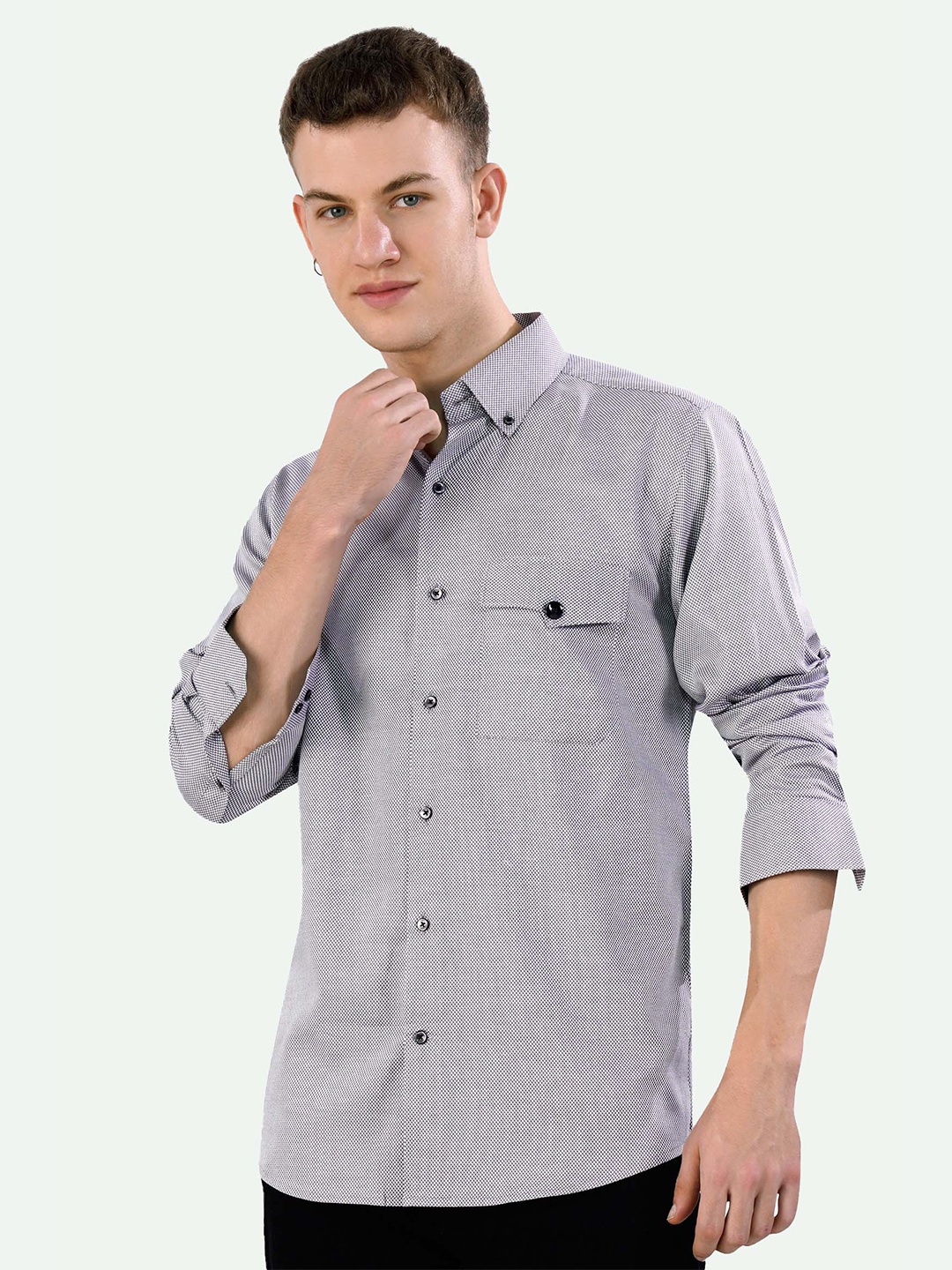 

FRENCH CROWN Standard Self Design Button Down Collar Cotton Casual Shirt, Grey
