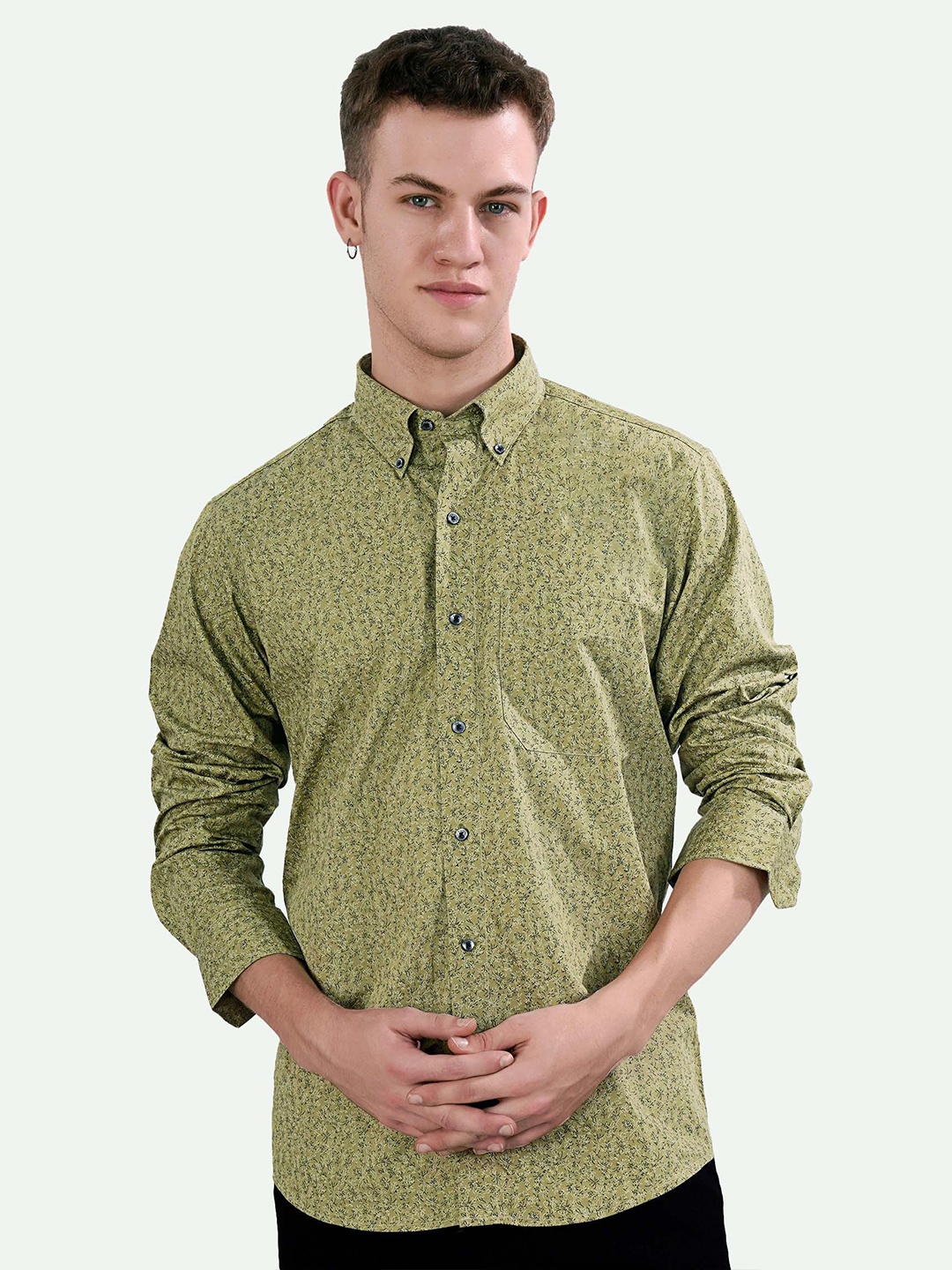 

FRENCH CROWN Standard Floral Printed Button-Down Collar Opaque Cotton Casual Shirt, Green