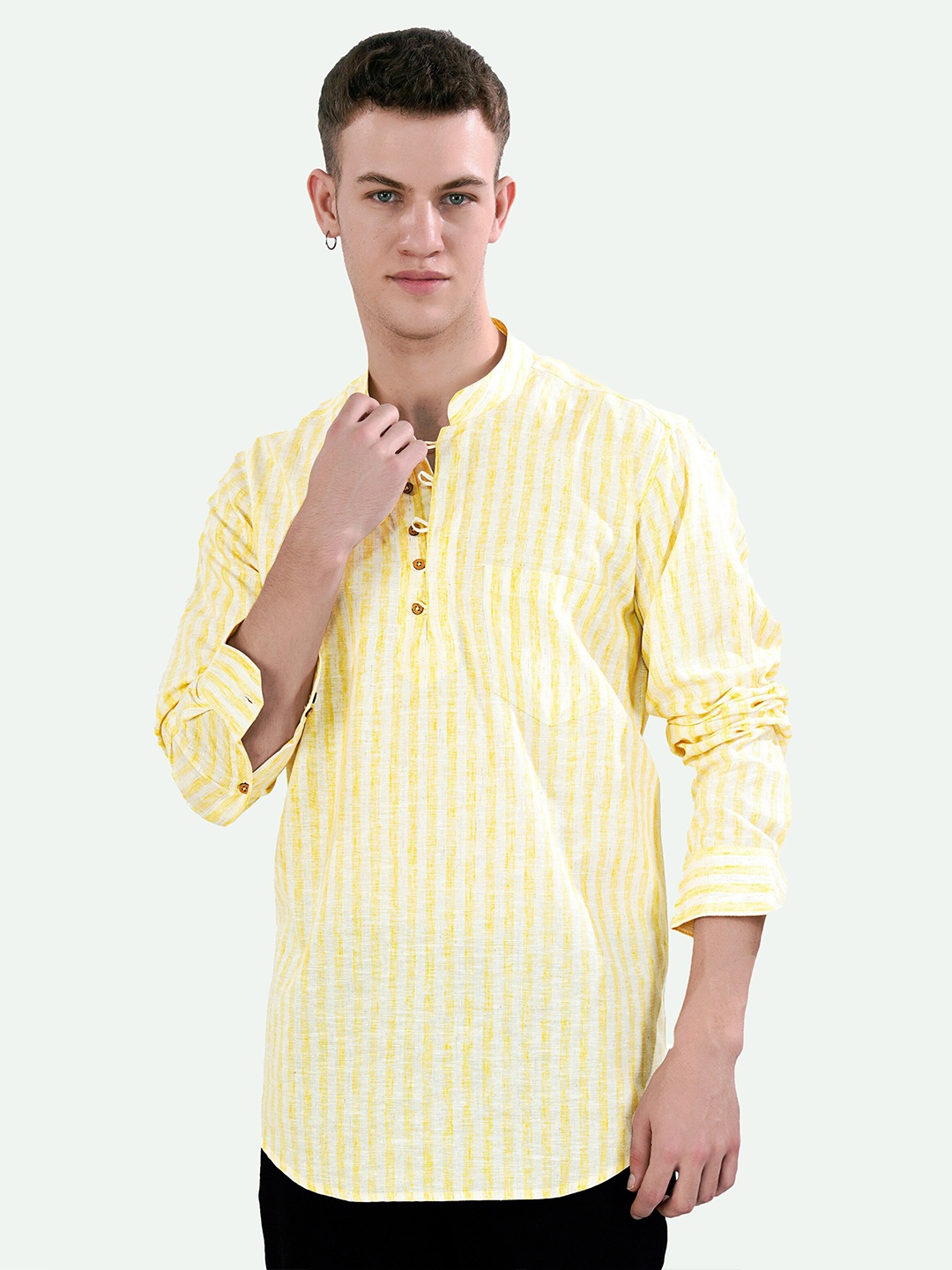 

FRENCH CROWN Standard Striped Linen Casual Shirt, Yellow