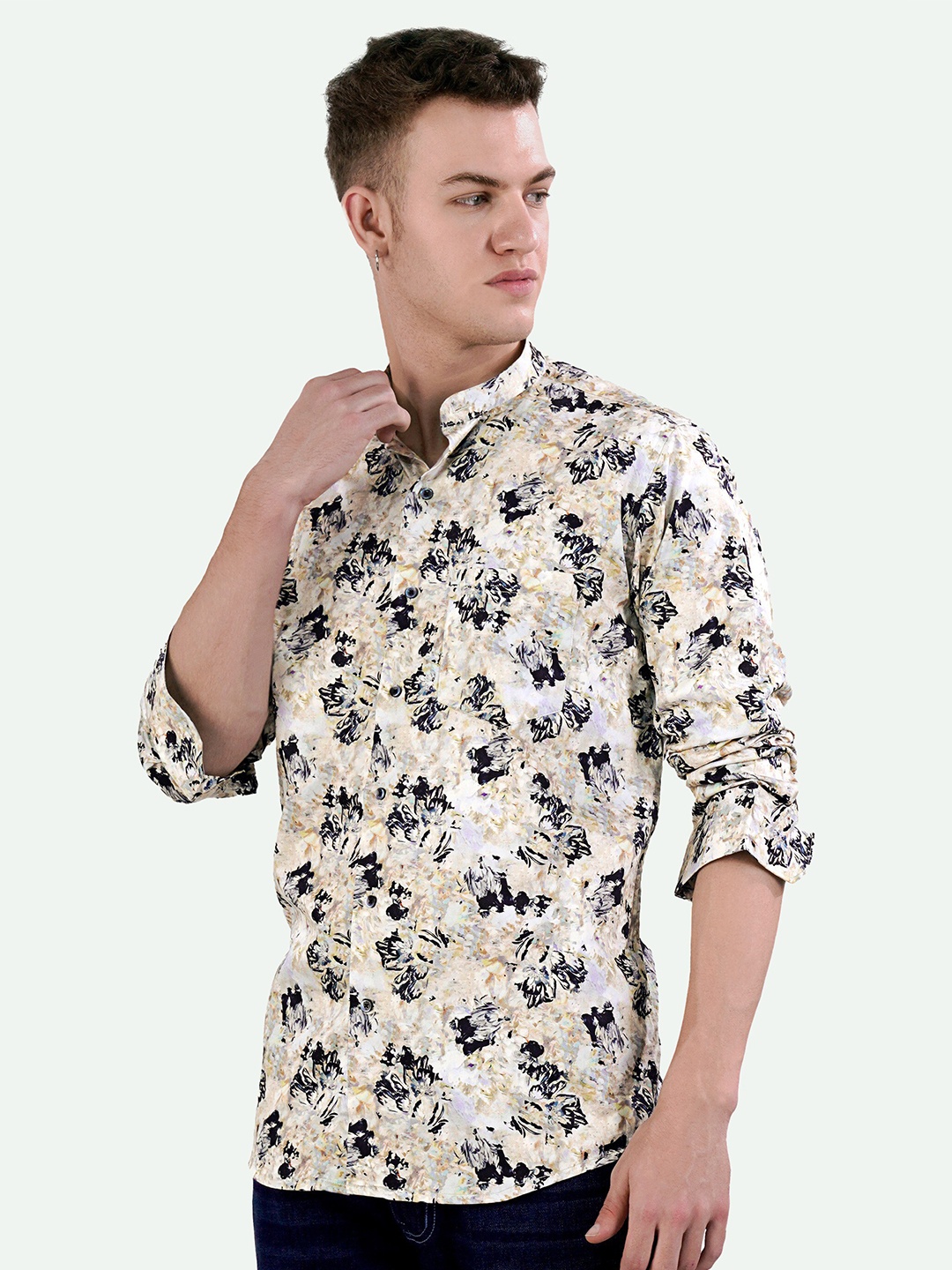 

FRENCH CROWN Standard Abstract Printed Cotton Casual Shirt, Beige