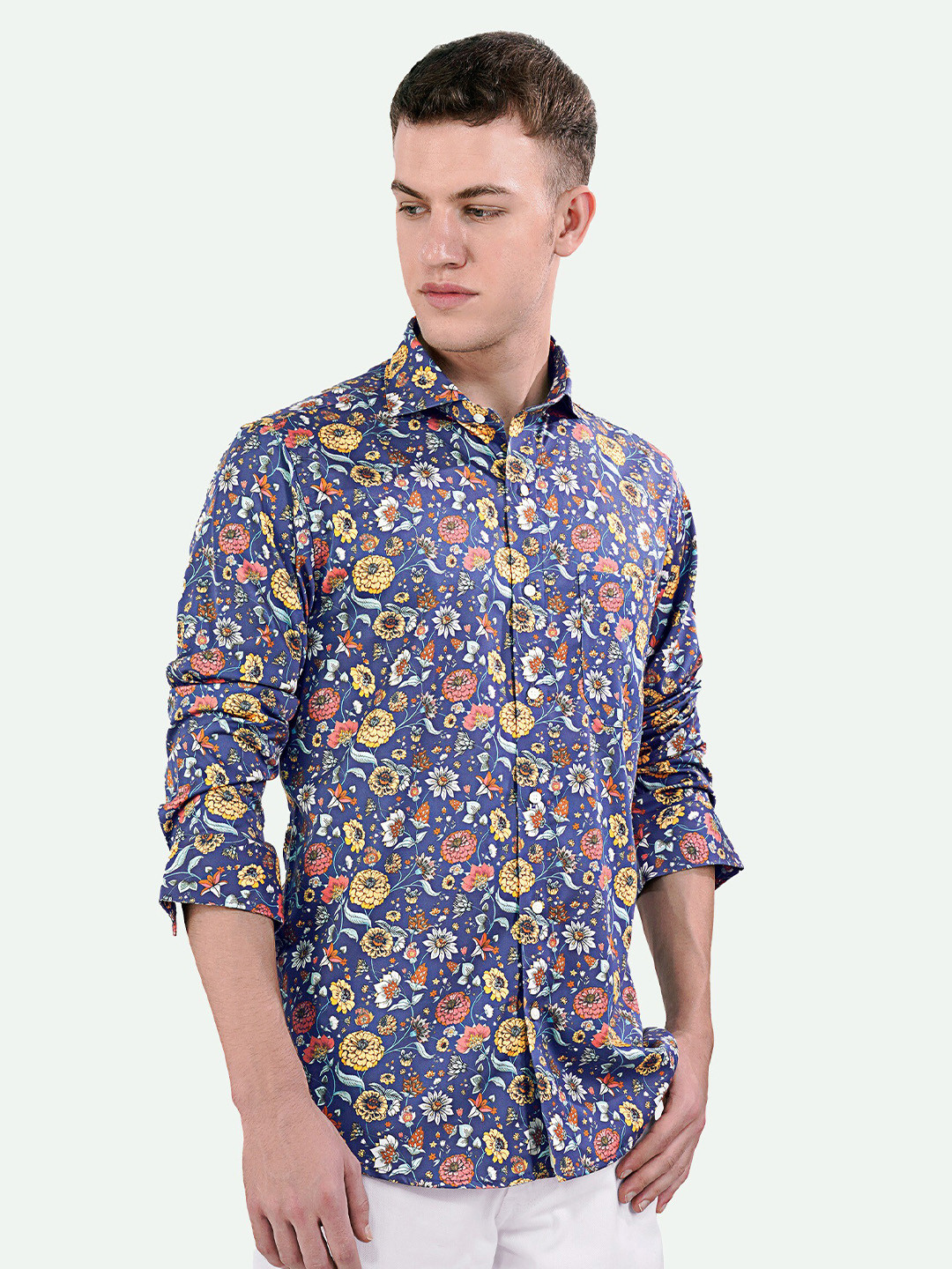 

FRENCH CROWN Standard Floral Printed Spread Collar Long Sleeves Cotton Casual Shirt, Blue