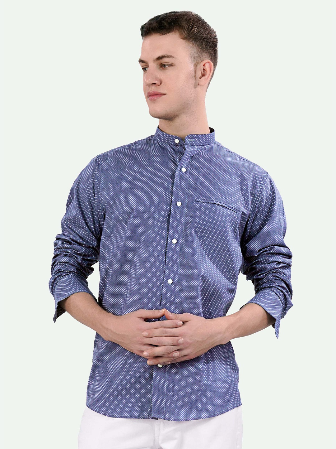 

FRENCH CROWN Standard Mandarin Collar Polka Dots Printed Cotton Casual Shirt, Blue