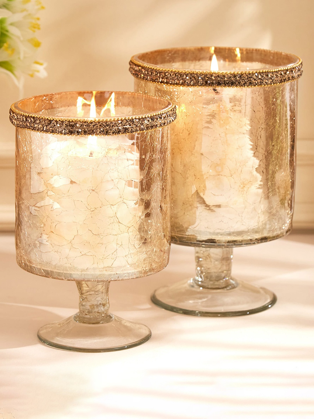 

Home Centre Fiesta Yellow Crackle Hurricane Glass Candle Holder, Gold