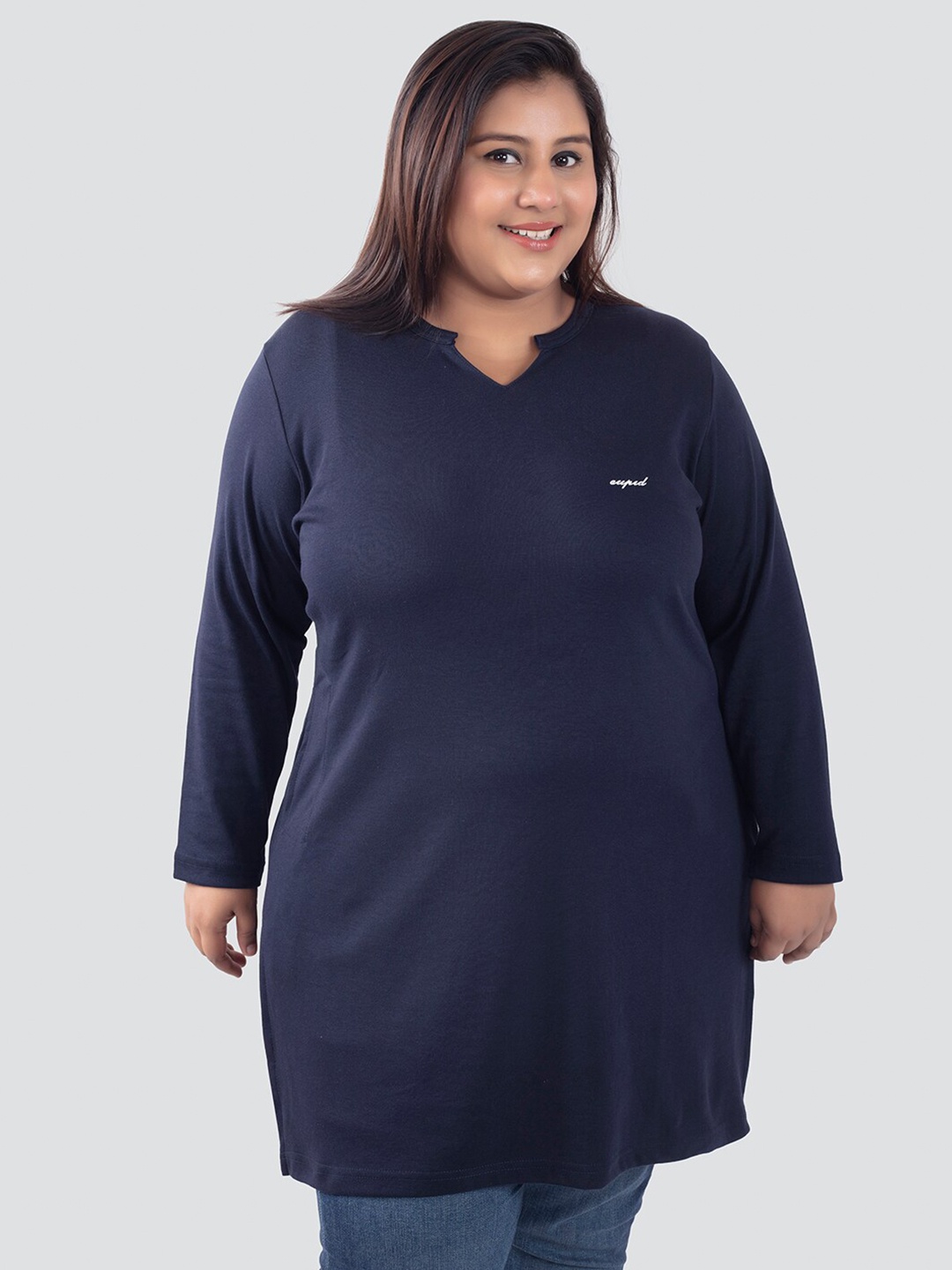

CUPID Plus Size Round Neck Longline Top, Navy blue