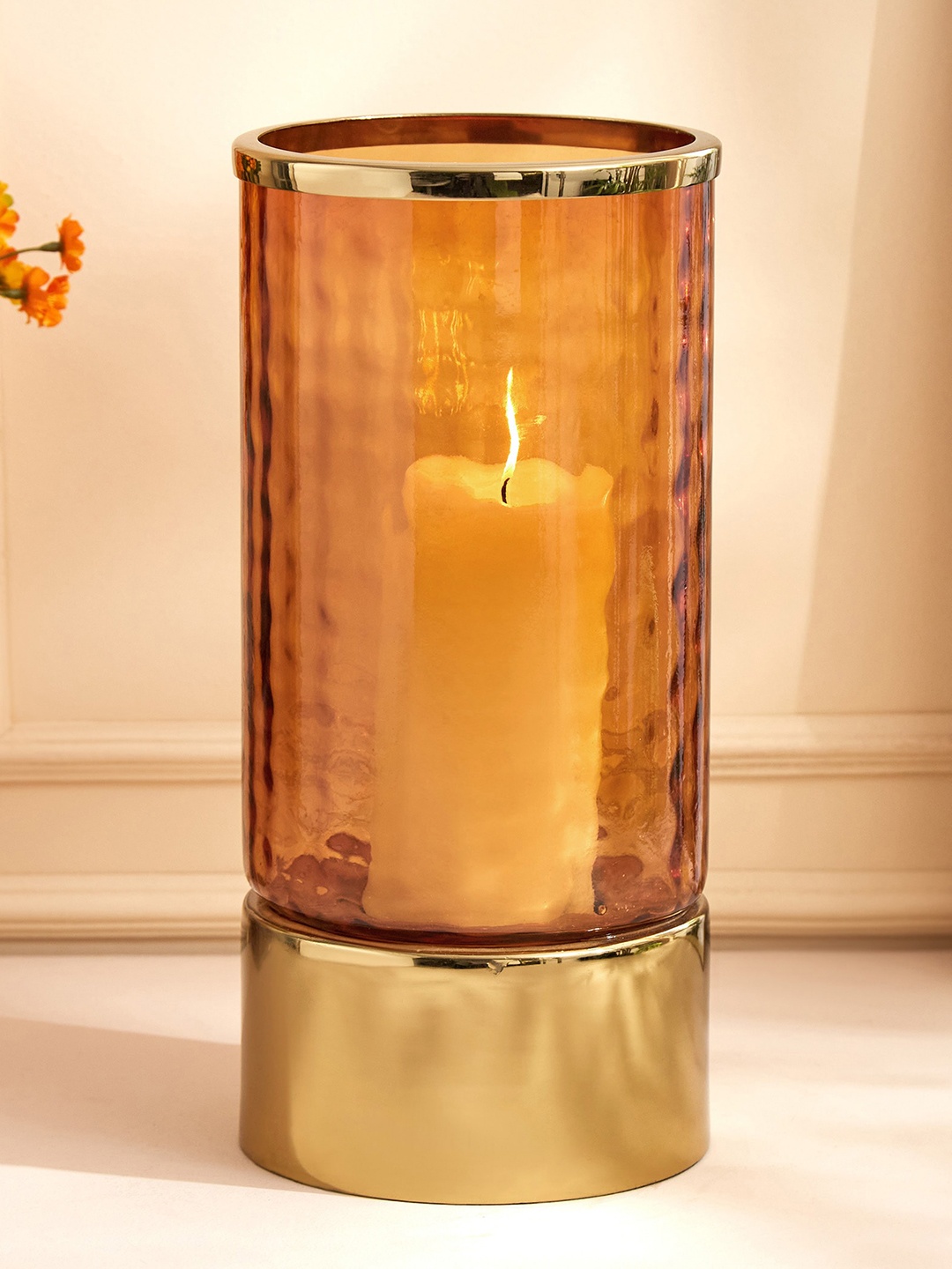 

Home Centre Fiesta Yellow Hurricane Glass Candle Holder with Metal Base, Gold