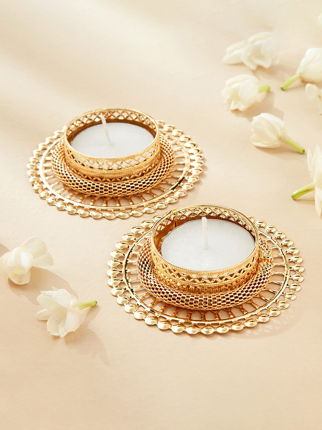 

Home Centre Utsav Yellow 2-Pieces Round Shaped Steel T-Light Candle Holders, Gold
