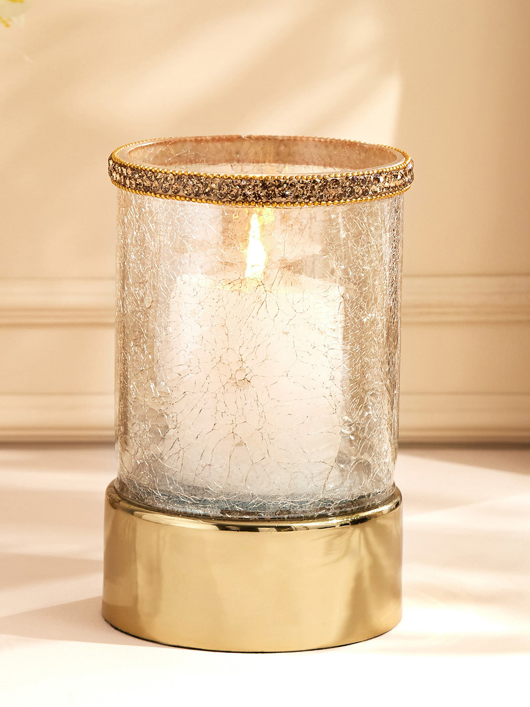

Home Centre Golden Crackle Hurricane Glass Candle Holder, Gold
