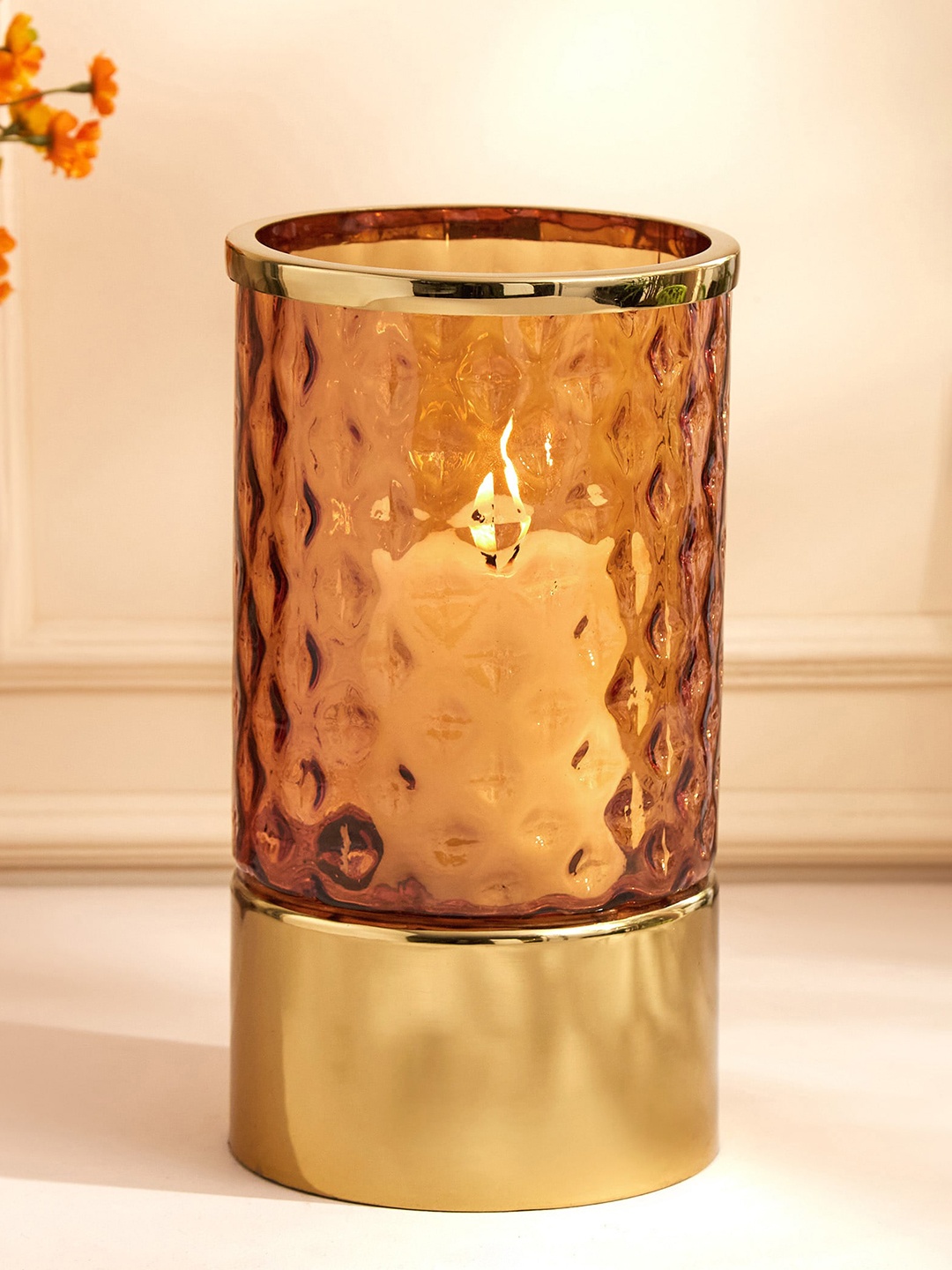 

Home Centre Fiesta Golden Hurricane Glass Candle Holder, Gold