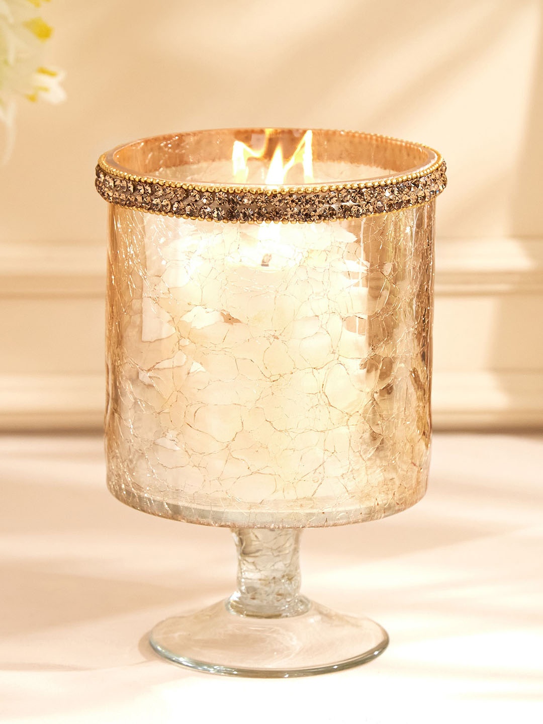 

Home Centre Fiesta Golden Crackle Hurricane Glass Candle Holder, Gold