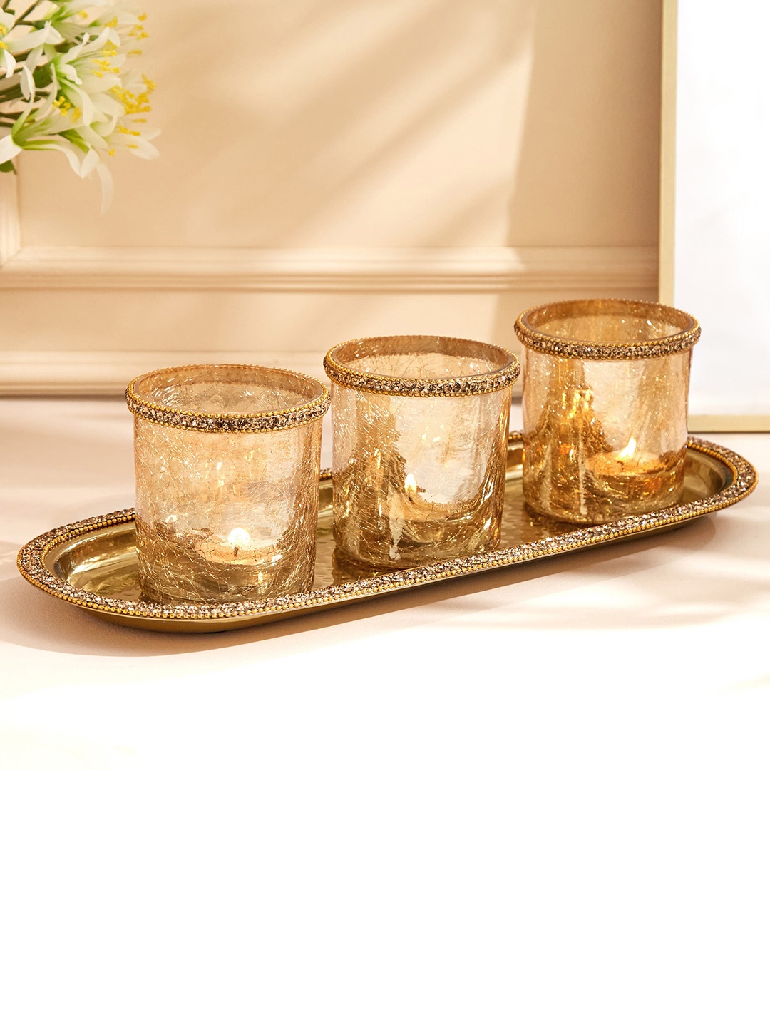 

Home Centre Golden 3 Pieces Crackle Glass T-Light Candle Holders With Tray, Gold