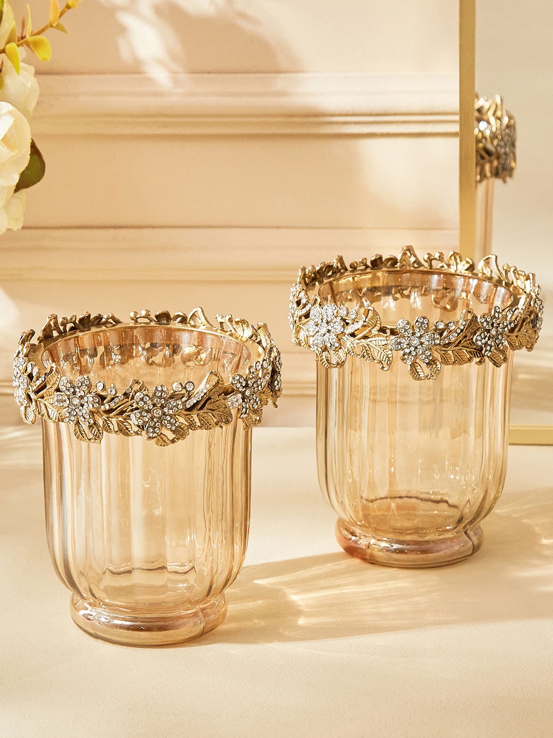 

Home Centre Golden 2 Pieces Fables Aftyn Crackle Hurricane Glass Candle Holders, Gold