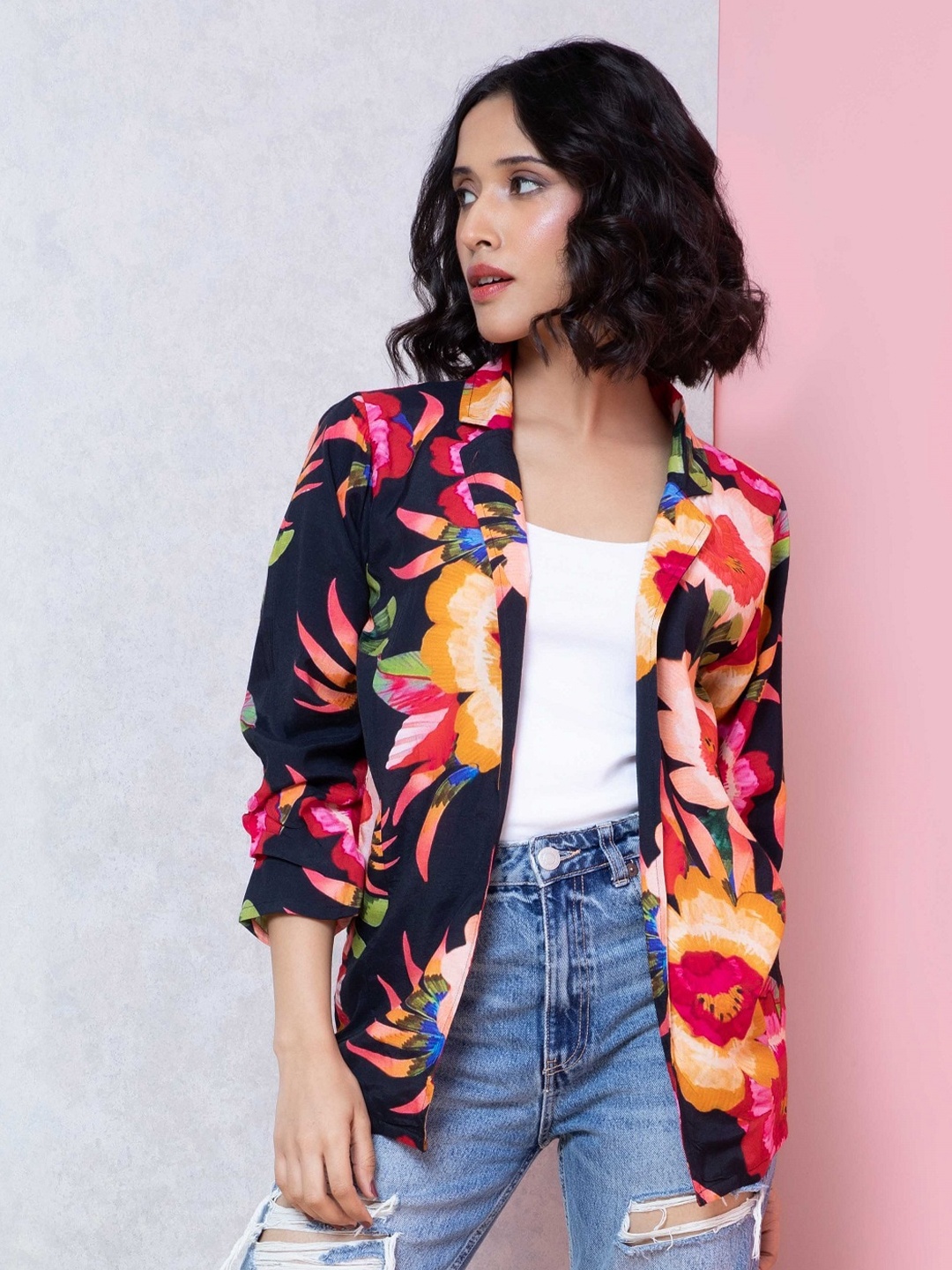 

Rhe-Ana Floral Printed Lapel Collar Open Front Jacket, Black