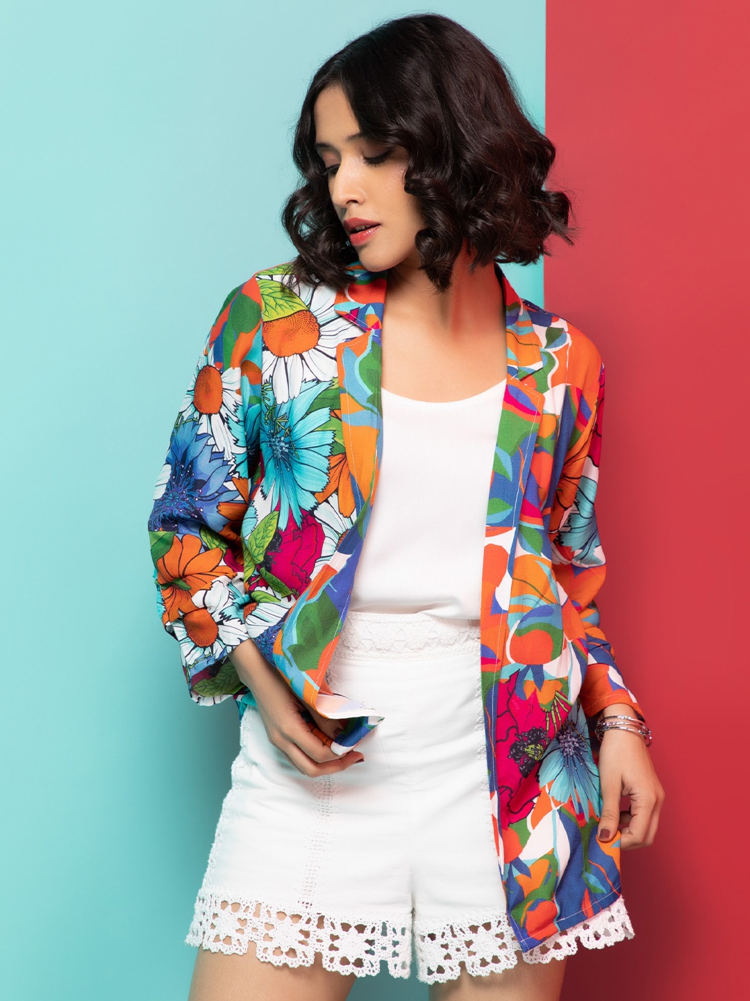 

Rhe-Ana Floral Printed Lapel Collar Open Front Jacket, Orange