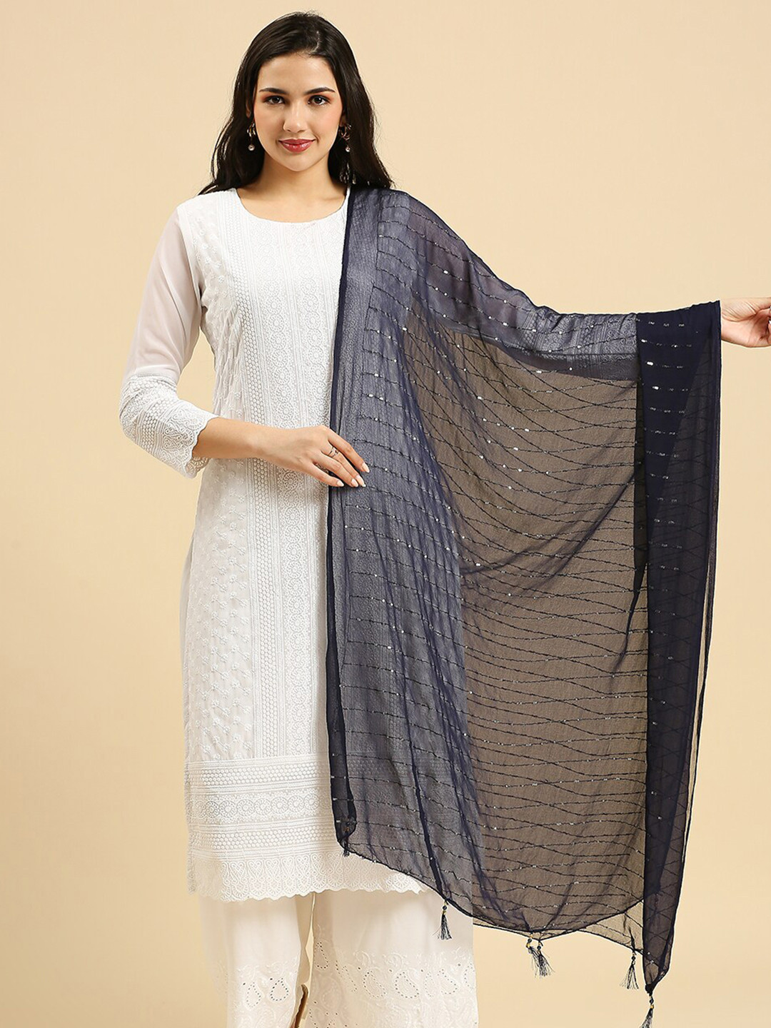 

Dupatta Bazaar Embroidered Sequinned Chiffon Dupatta, Navy blue