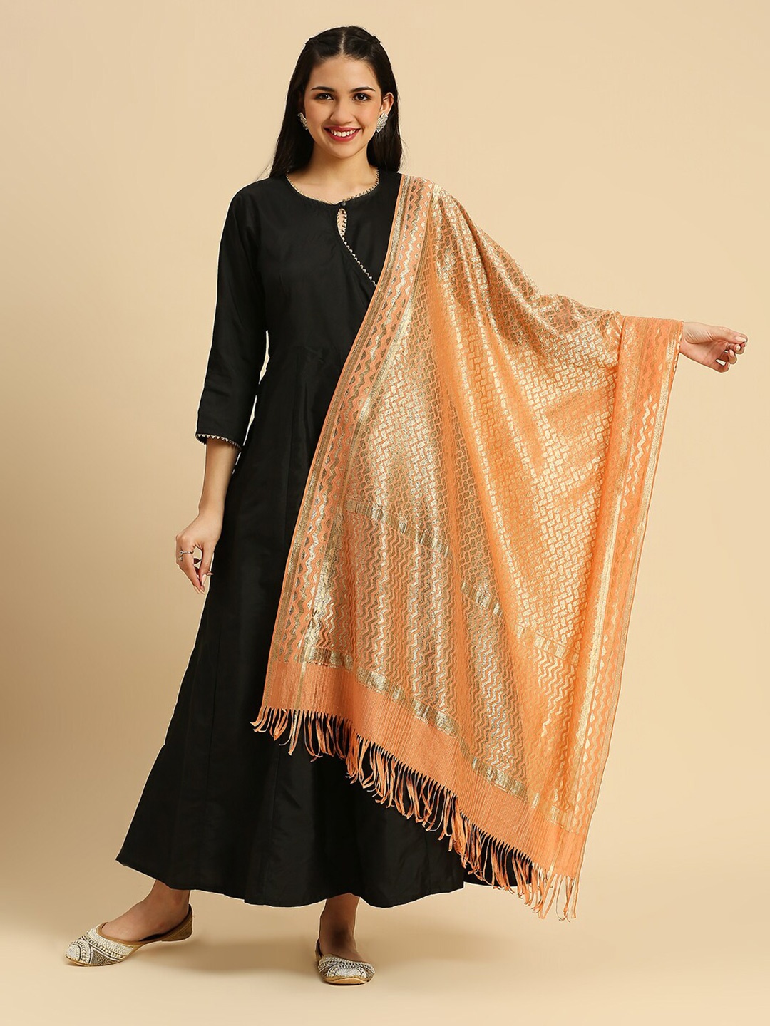 

Dupatta Bazaar Ethnic Motifs Woven Design Dupatta with Zari, Peach