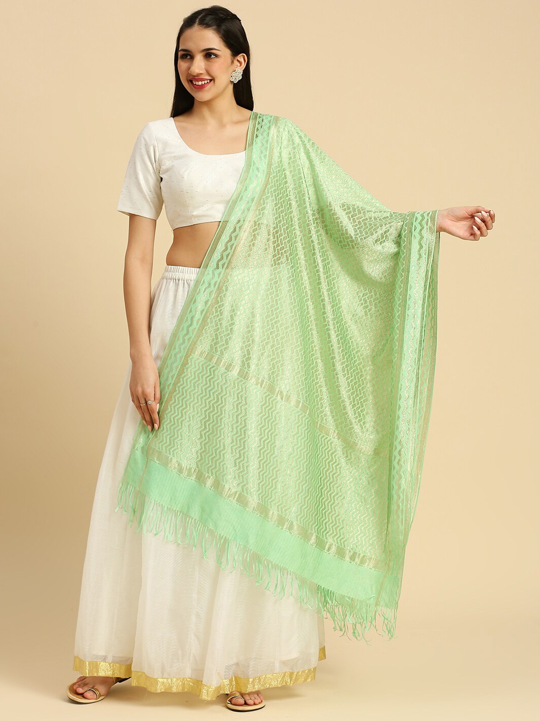 

Dupatta Bazaar Ethnic Motifs Woven Design Zari Dupatta, Green