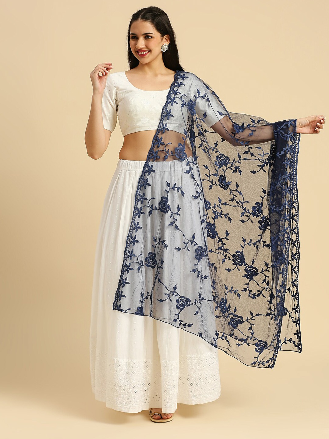 

Dupatta Bazaar Floral Embroidered Thread Work Net Dupatta, Navy blue