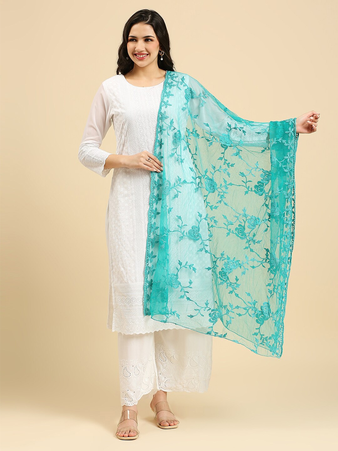 

Dupatta Bazaar Floral Embroidered Thread Work Detailed Net Dupatta, Teal