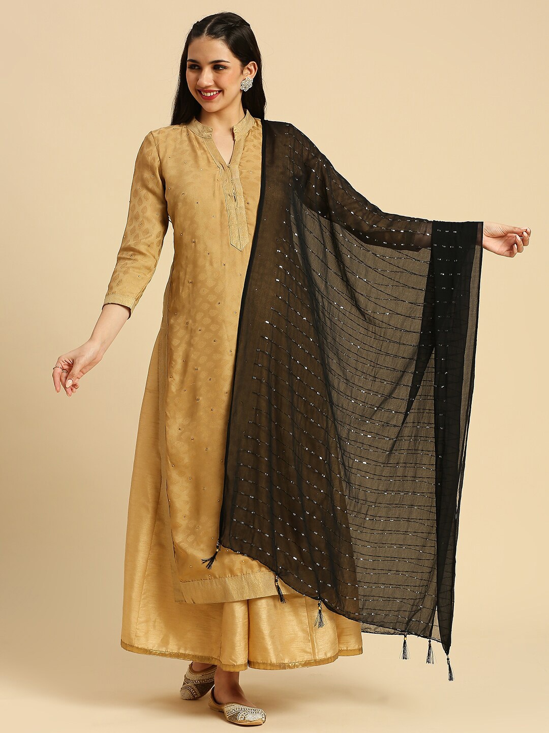

Dupatta Bazaar Embellished Sequinned Chiffon Dupatta, Black