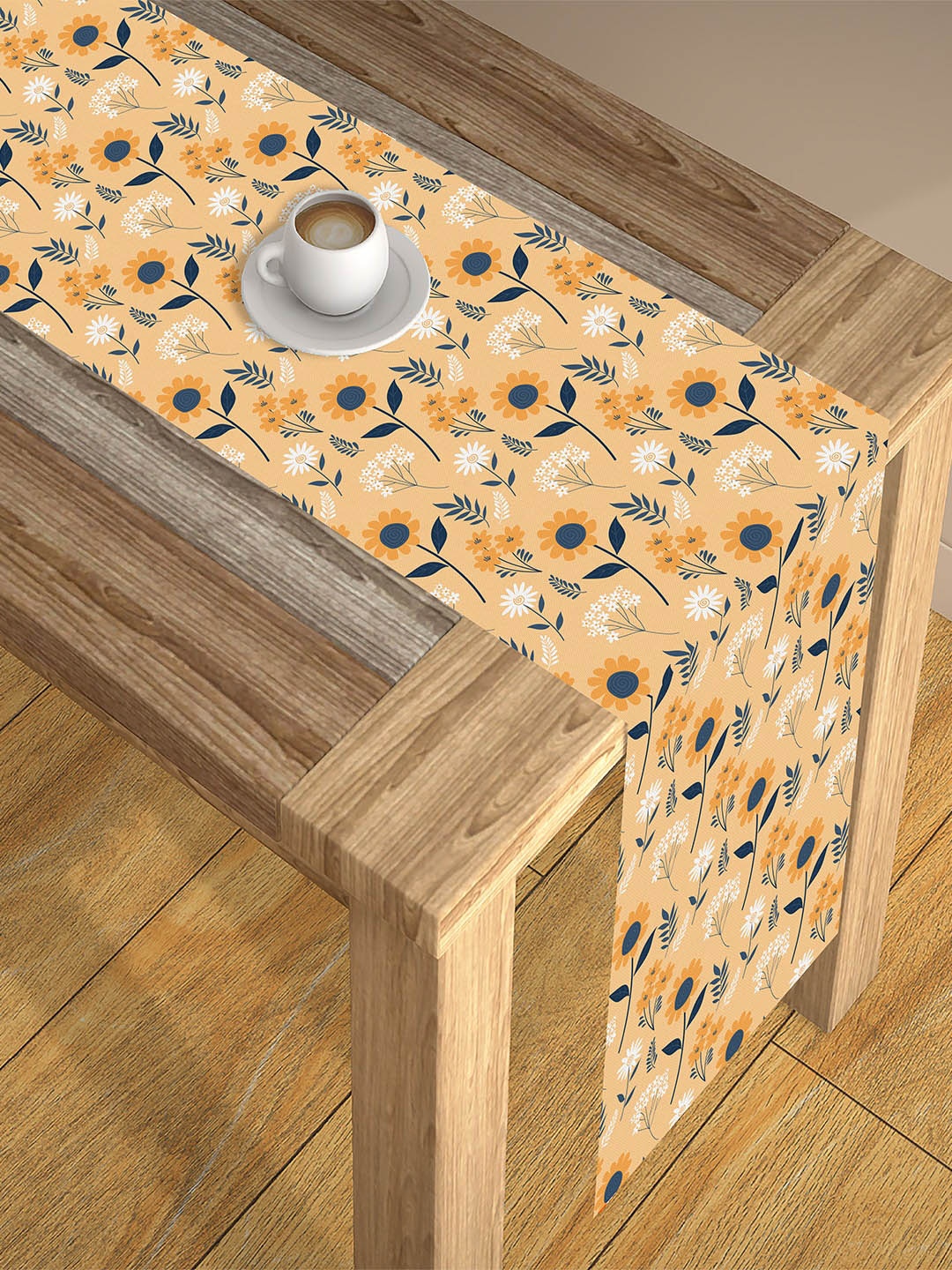 

AEROHAVEN Ceam-Colored & Navy Blue Digital Printed 6-Seater Table Runner, Cream