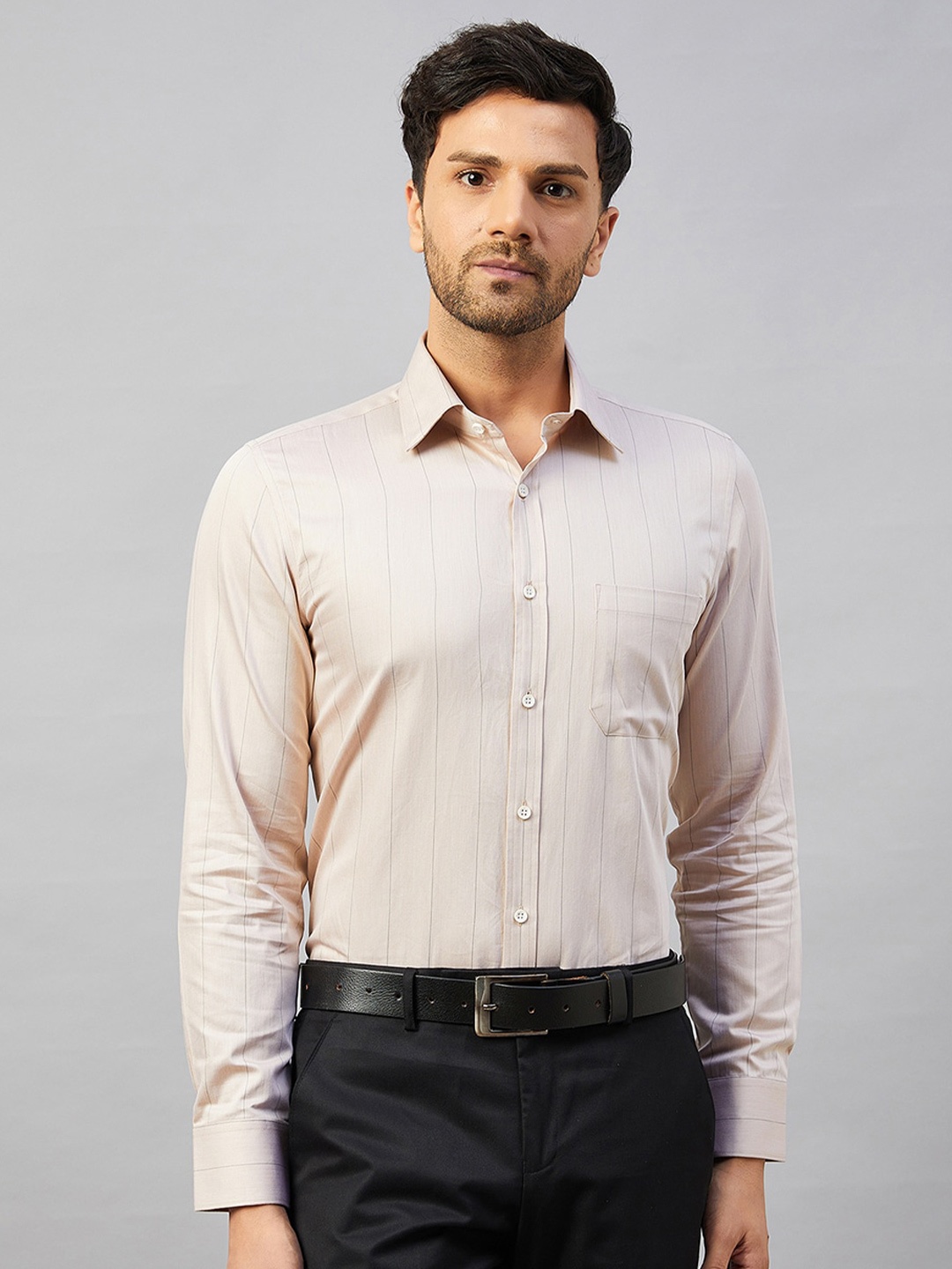

LOUIS STITCH Brown Comfort Vertical Striped Cotton Formal Shirt