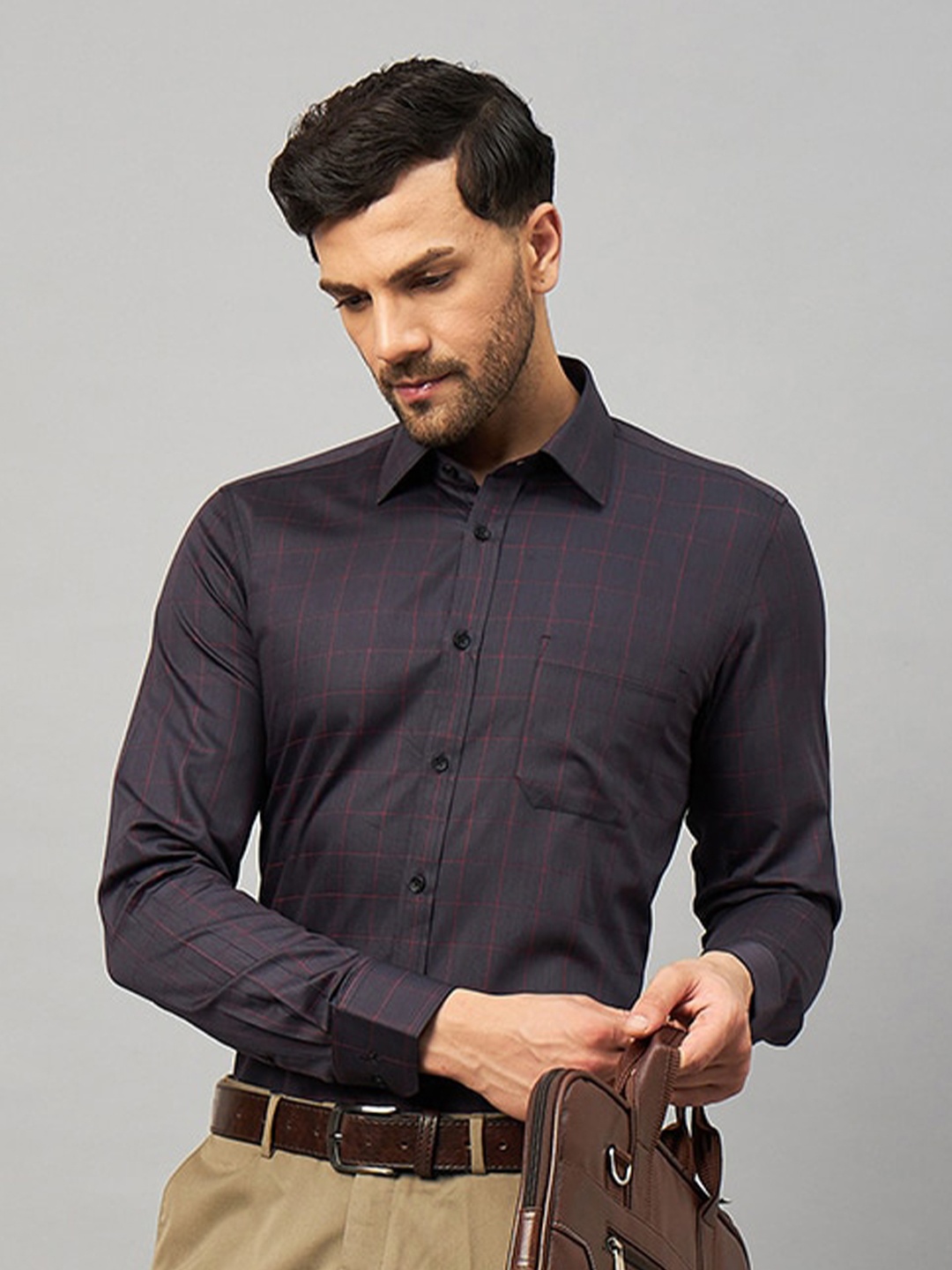 

LOUIS STITCH Comfort Opaque Windowpane Checked Cotton Formal Shirt, Charcoal