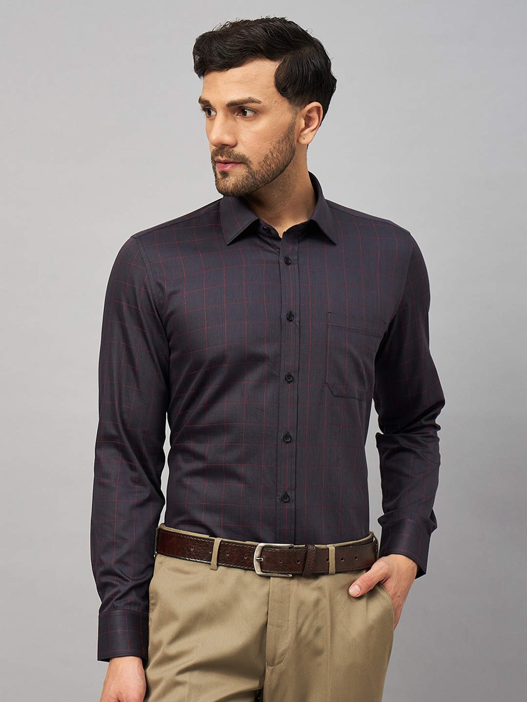 

LOUIS STITCH Comfort Opaque Windowpane Checked Cotton Formal Shirt, Charcoal