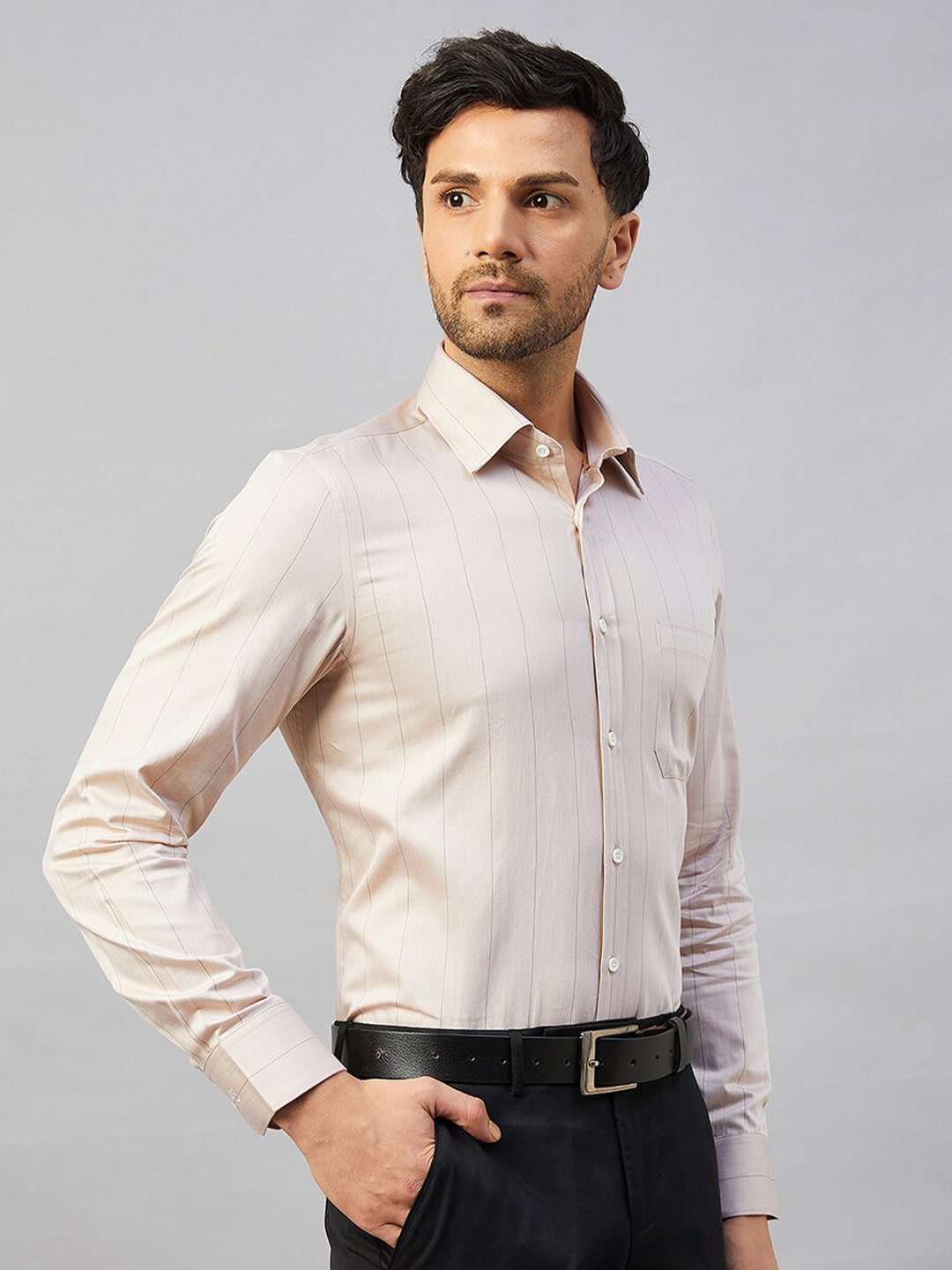 LOUIS STITCH Vertical Striped Spread Collar Comfort Cotton Formal Shirt, Cream