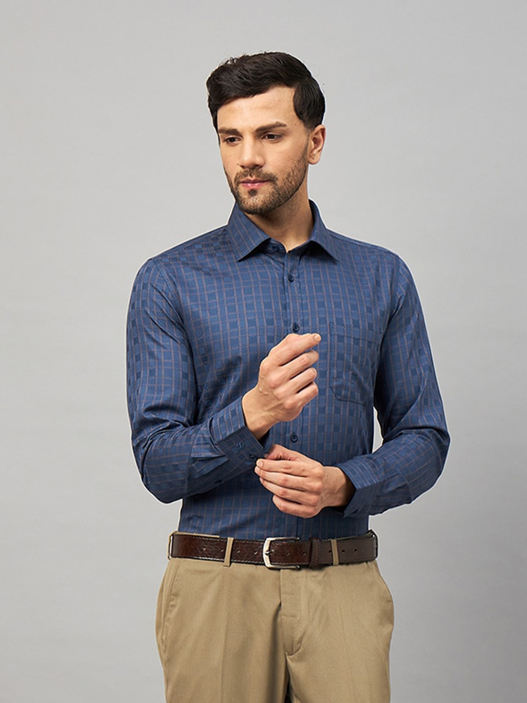 LOUIS STITCH Comfort Opaque Geometric Printed Cotton Formal Shirt, Navy blue