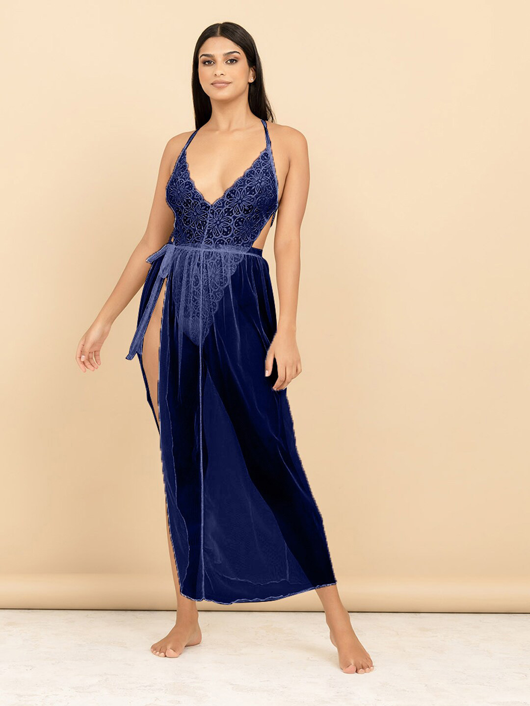 

VAGHBHATT Self Design Halter Neck Net Baby Doll, Navy blue