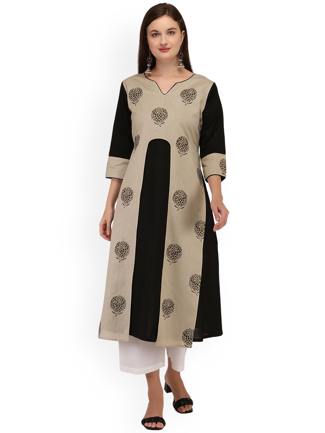 

RGHT Floral Printed Flared Straight Kurta, Beige