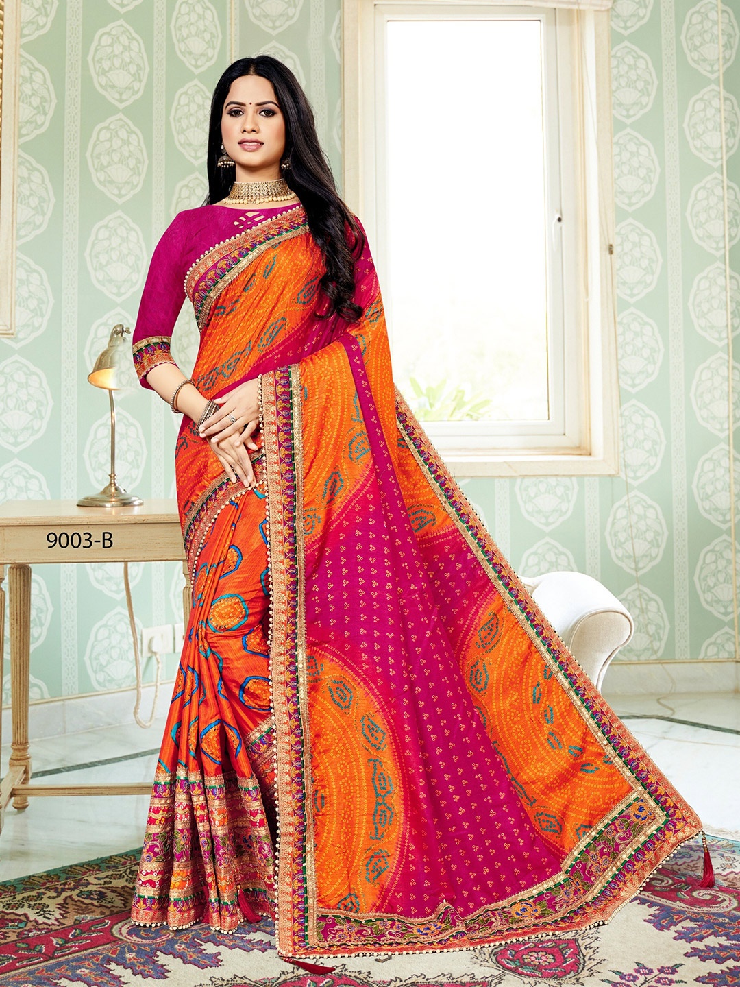

Mitera Bandhani Printed Pure Chiffon Saree, Pink