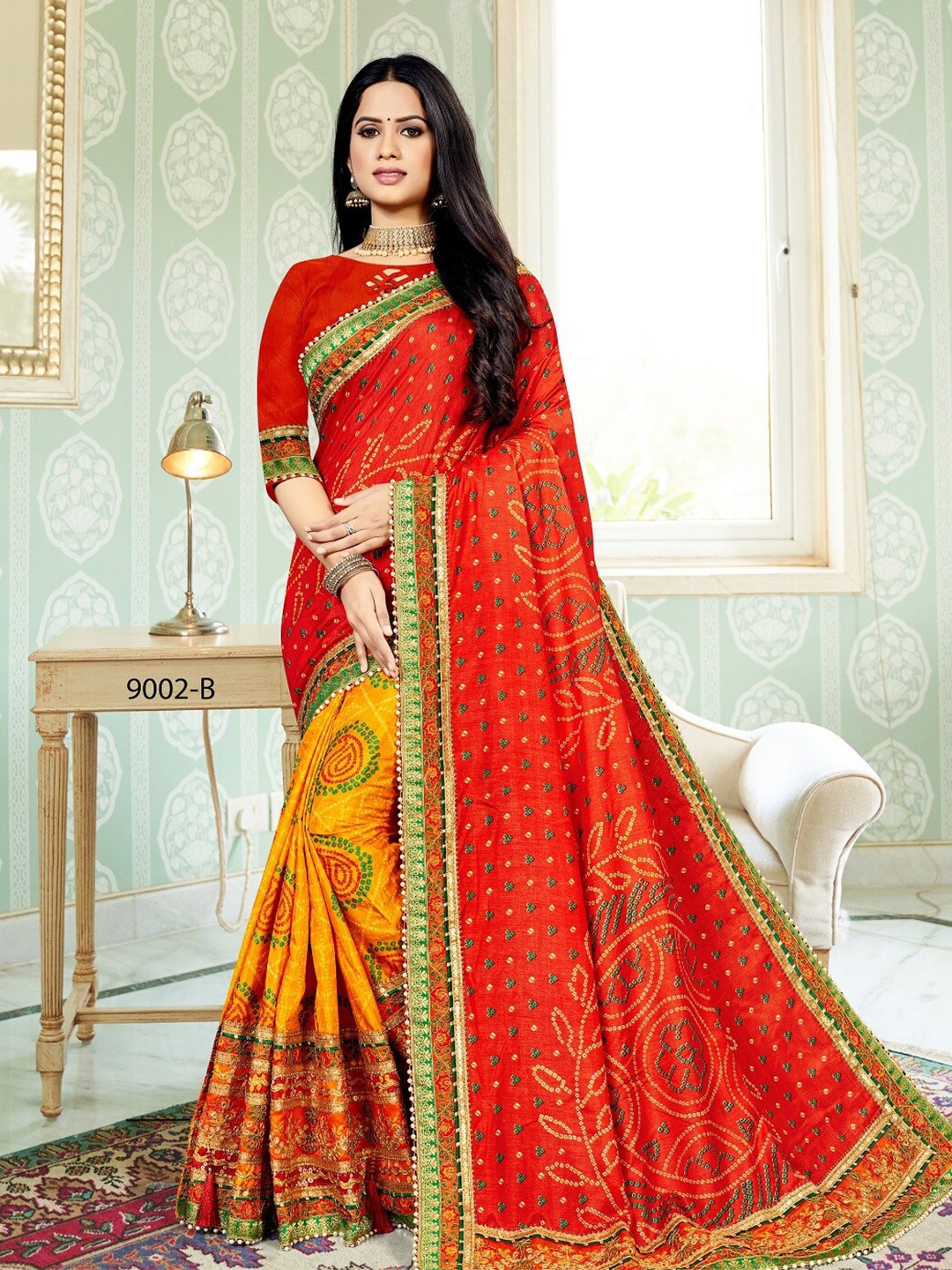

Mitera Yellow & Red Bandhani Embroidered Pure Chiffon Bandhani Saree