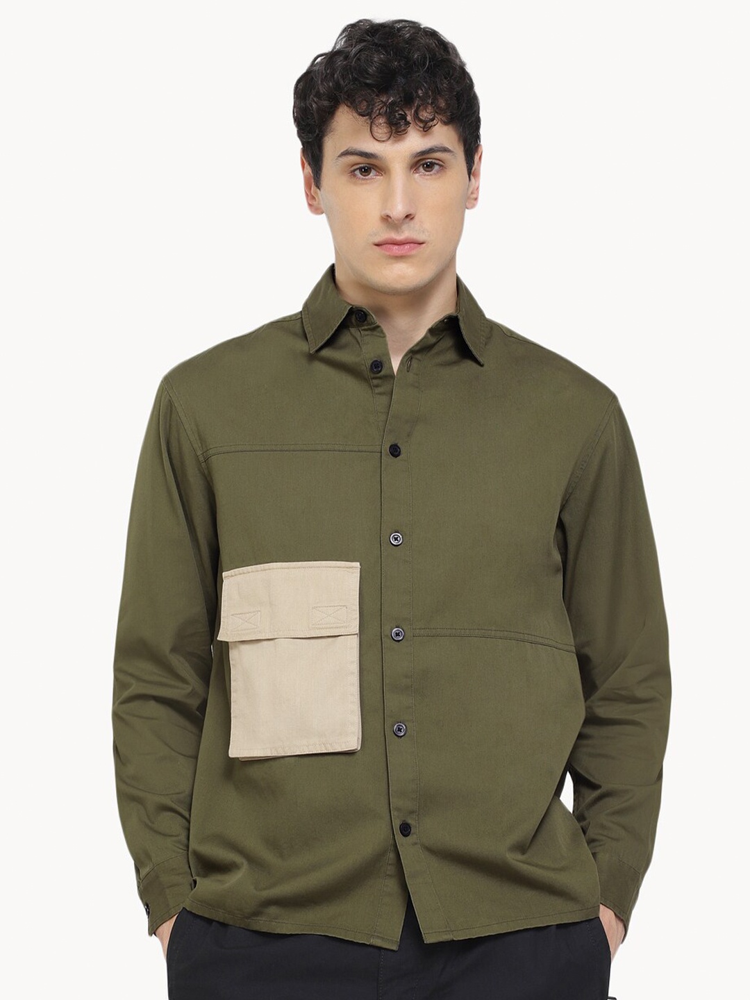 

H&M Full Sleeve Cotton Shirt, Olive