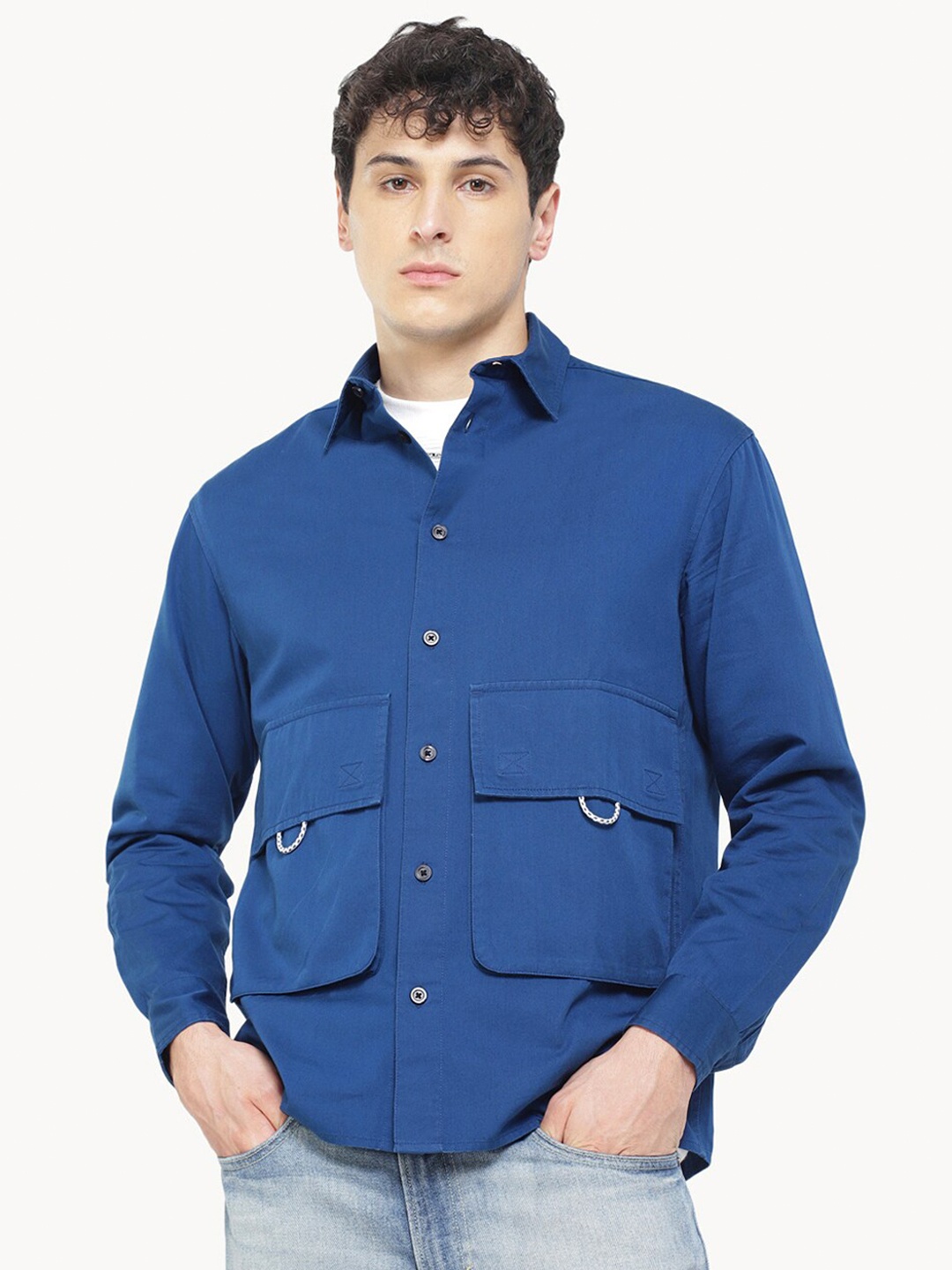 

H&M Cotton Long Sleeve Flap Pocket Shacket, Blue