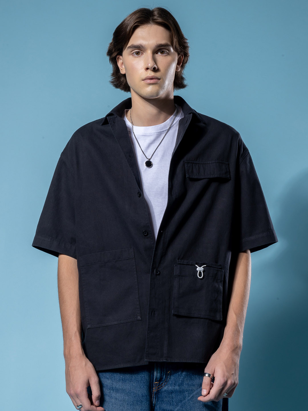 

H&M Cotton Half Sleeve Cargo Shirt, Black