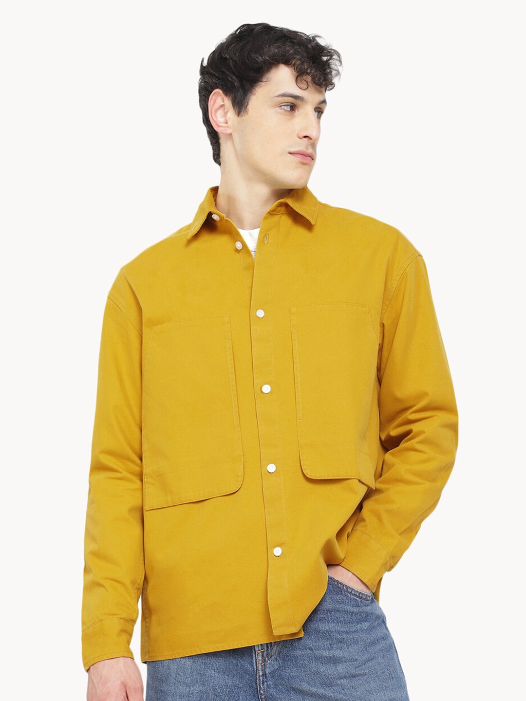 

H&M Cotton Relaxed Fit Cargo Pocket Shacket, Yellow