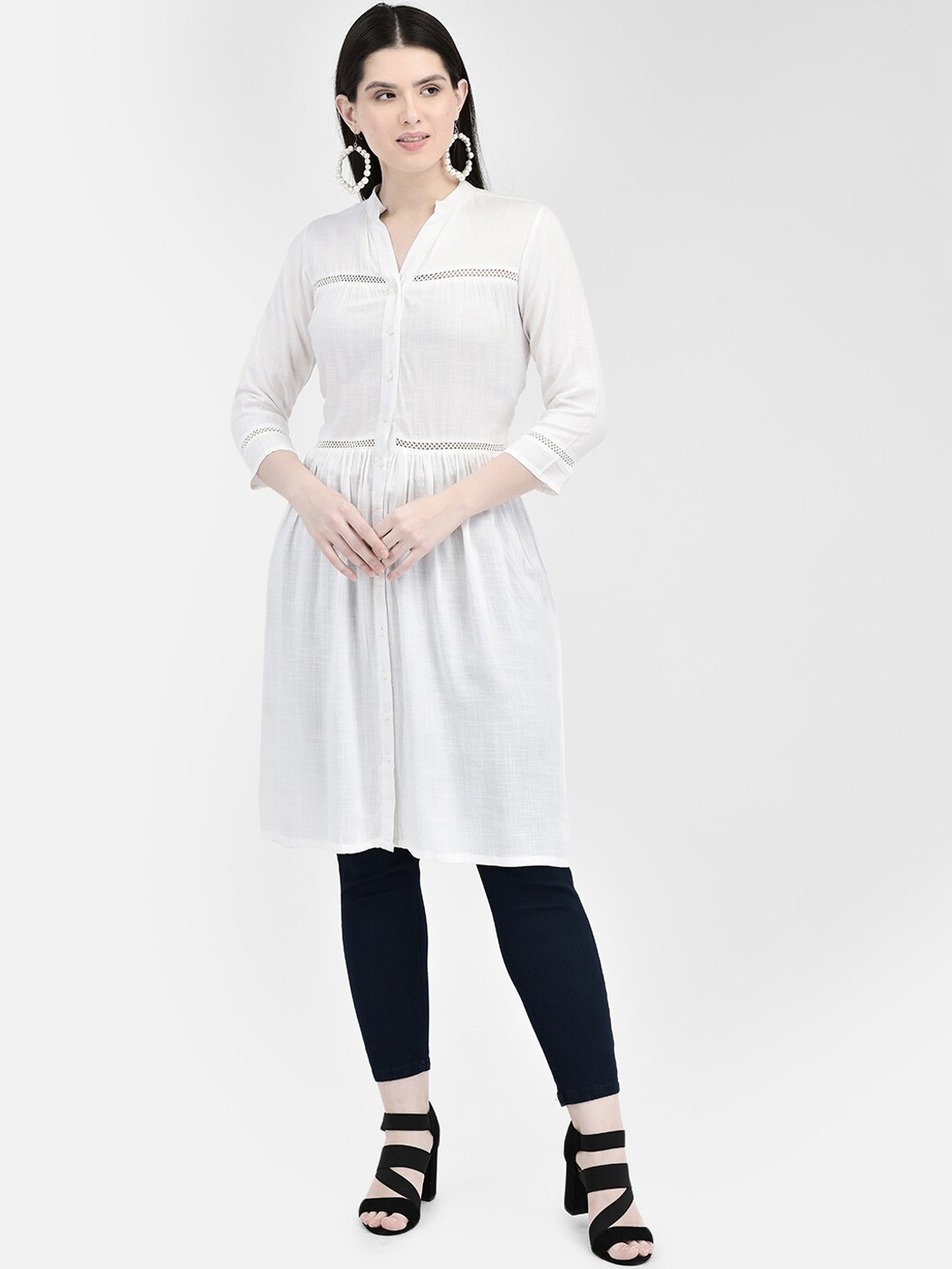 

Ojjasvi Mandarin Collar Flared Anarkali Kurta, White