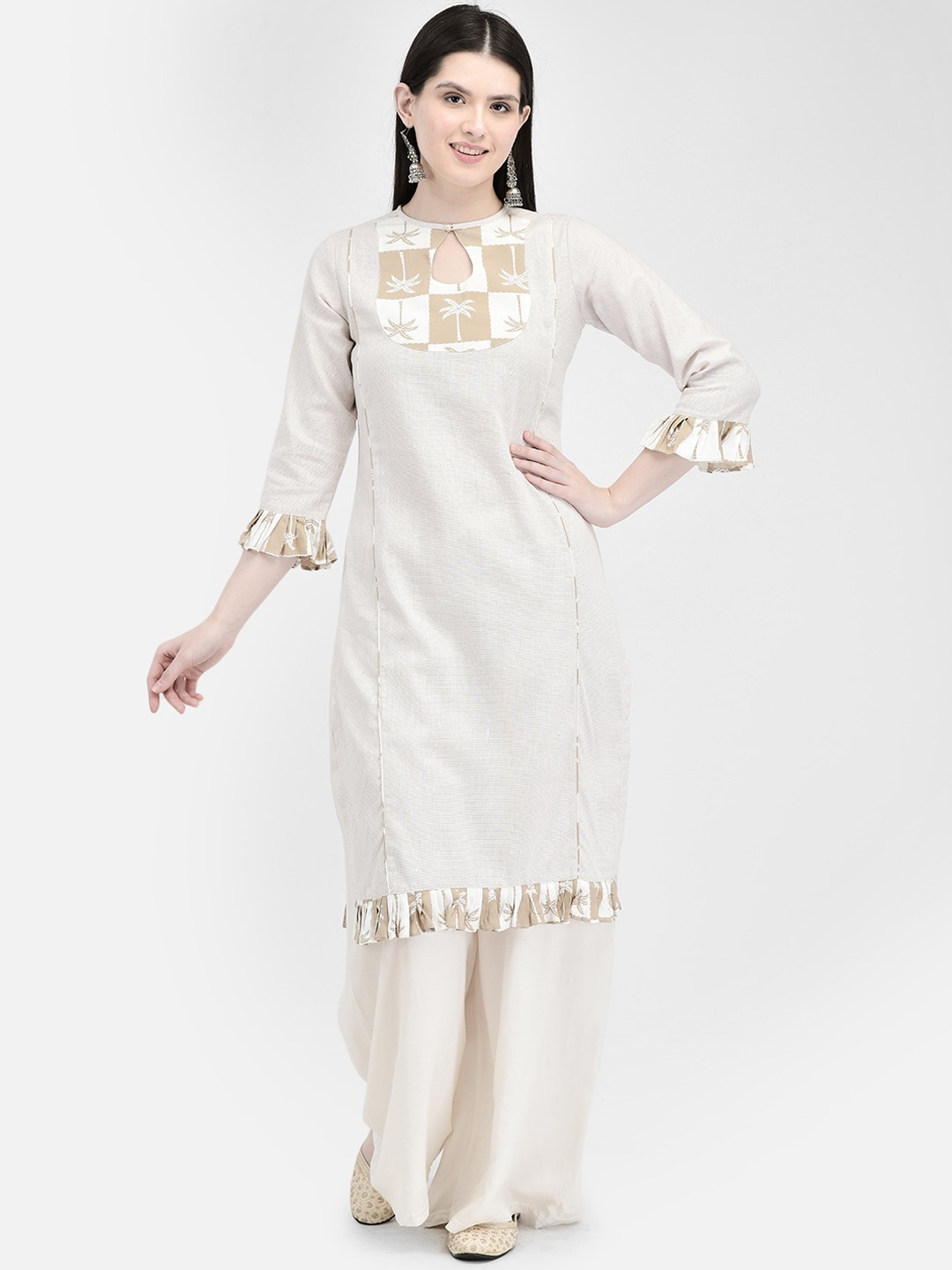 

Ojjasvi Floral Yoke Design Keyhole Neck Bell Sleeves Cotton Straight Kurta, Beige