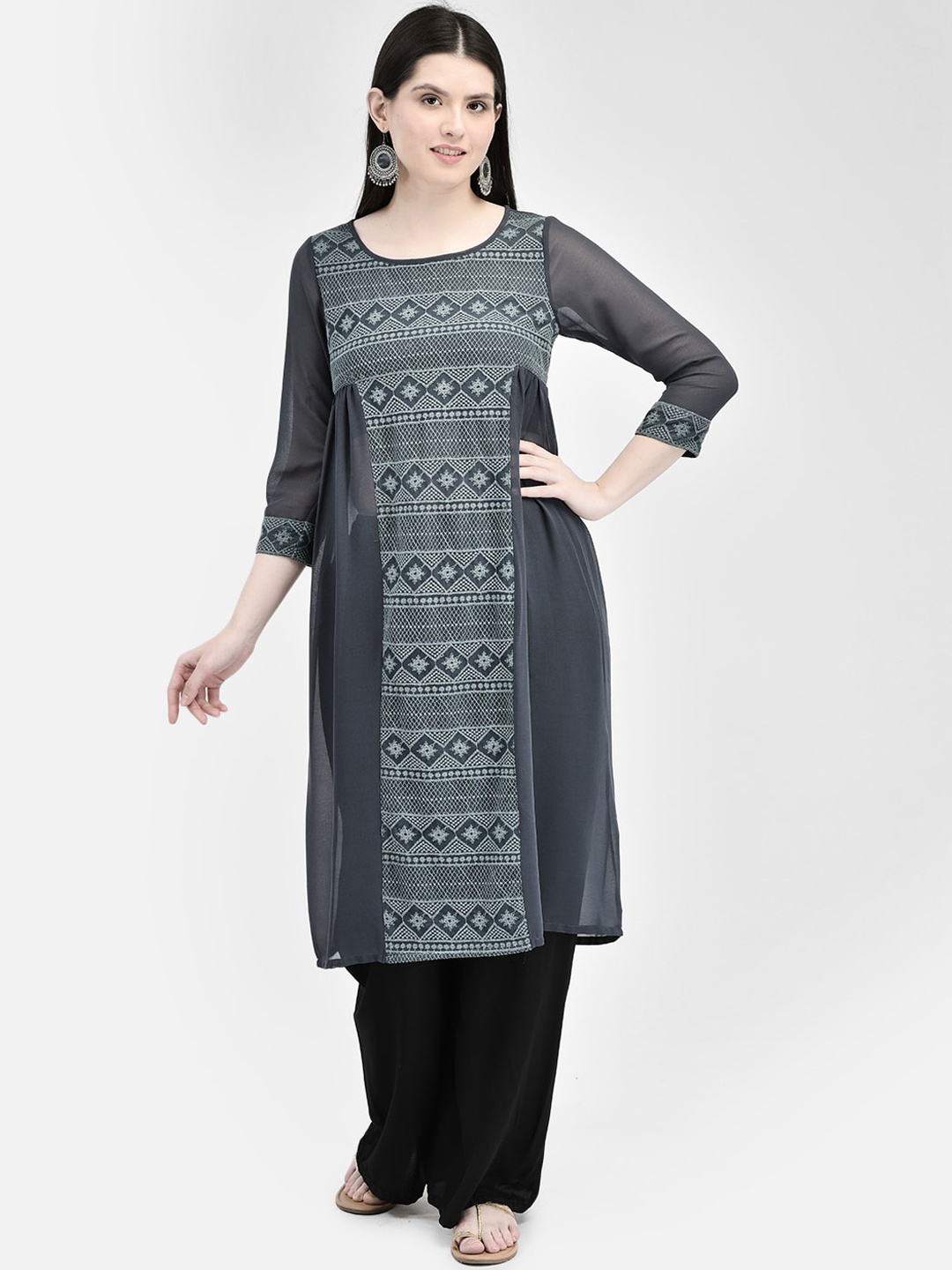 

Ojjasvi Ethnic Motifs Embroidered Thread Work Georgette Kurta, Grey