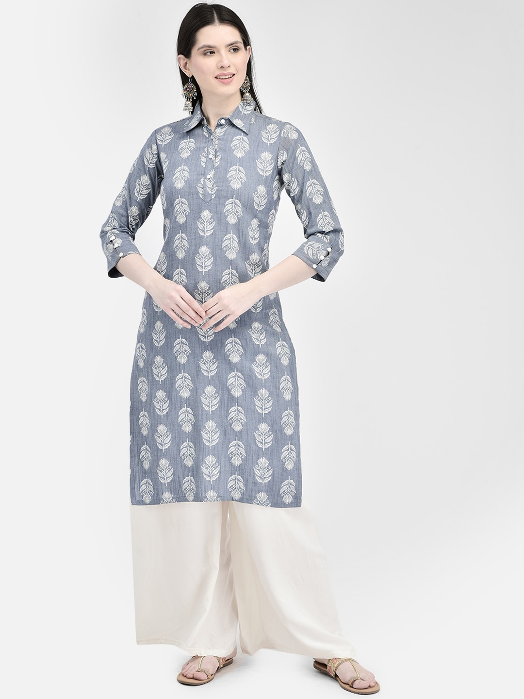 

Ojjasvi Ethnic Motifs Printed Shirt Collar Straight Kurta, Blue