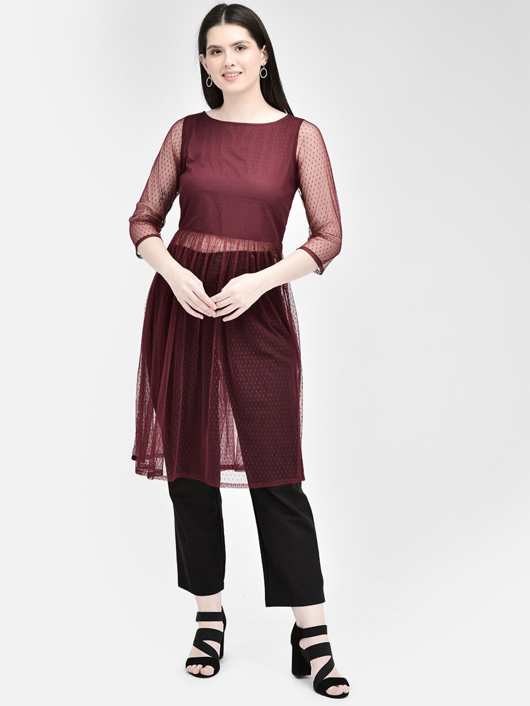 

Ojjasvi Woven Design Transparent Boat Neck Net A-Line Kurta, Maroon