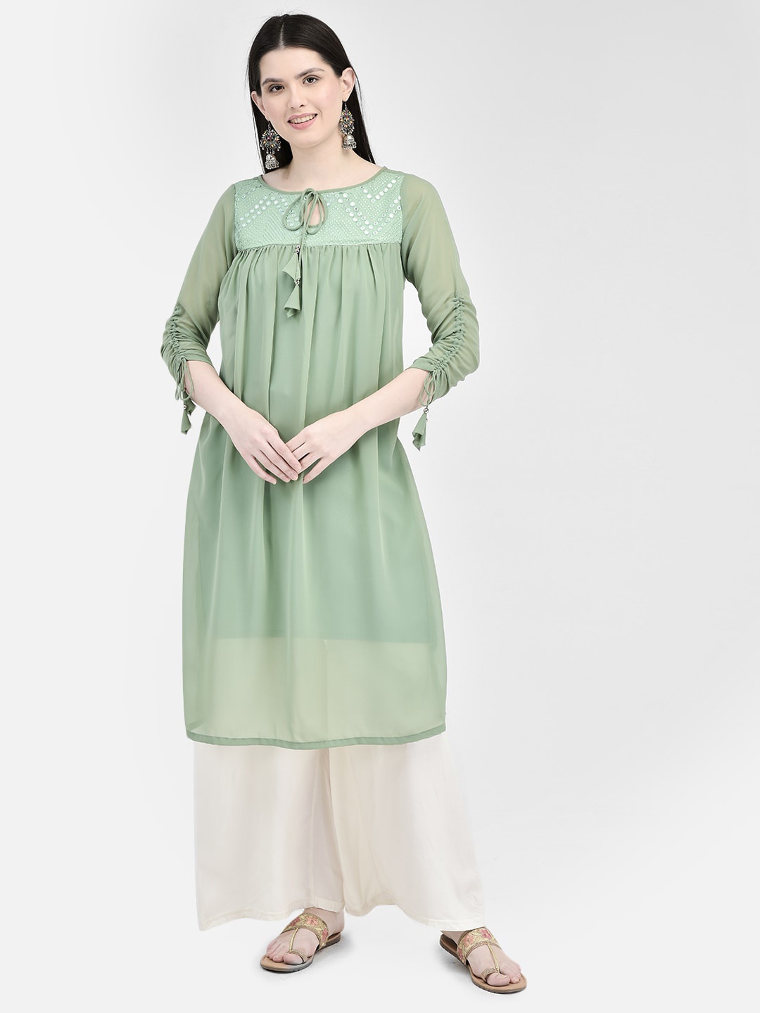 

Ojjasvi Embellished Keyhole Neck Georgette Kurta, Green